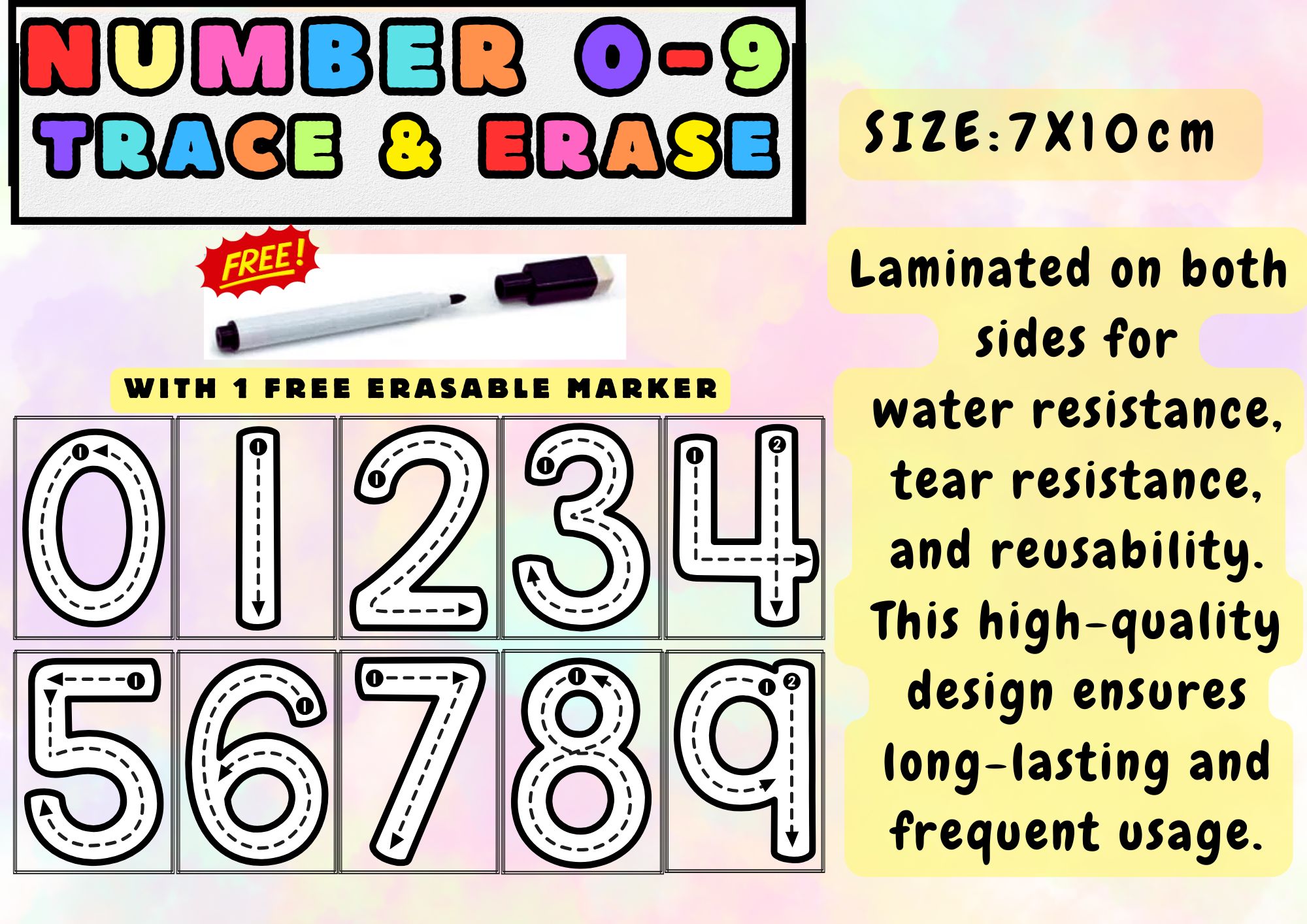 TRACE AND ERASE LAMINATED FLASH CARDS - NUMBERS 0-9 W/FREE 1 ERASABLE ...