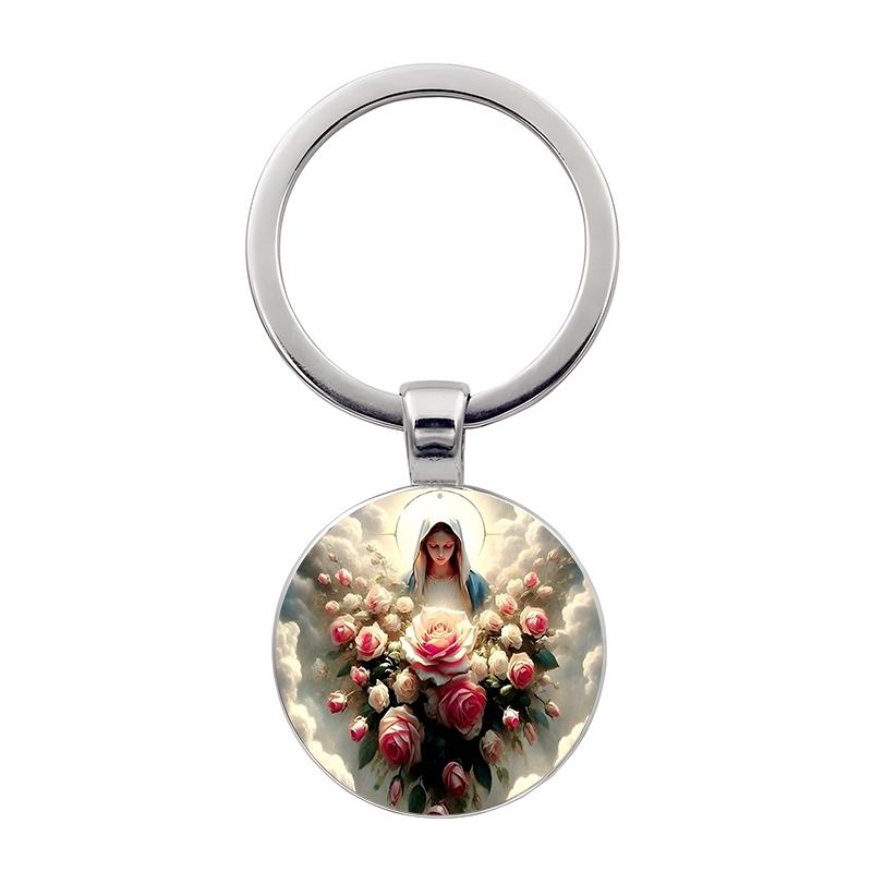 Cross Key chain God Bless Round Glass Rose Girl Keychain Metal Keyring ...