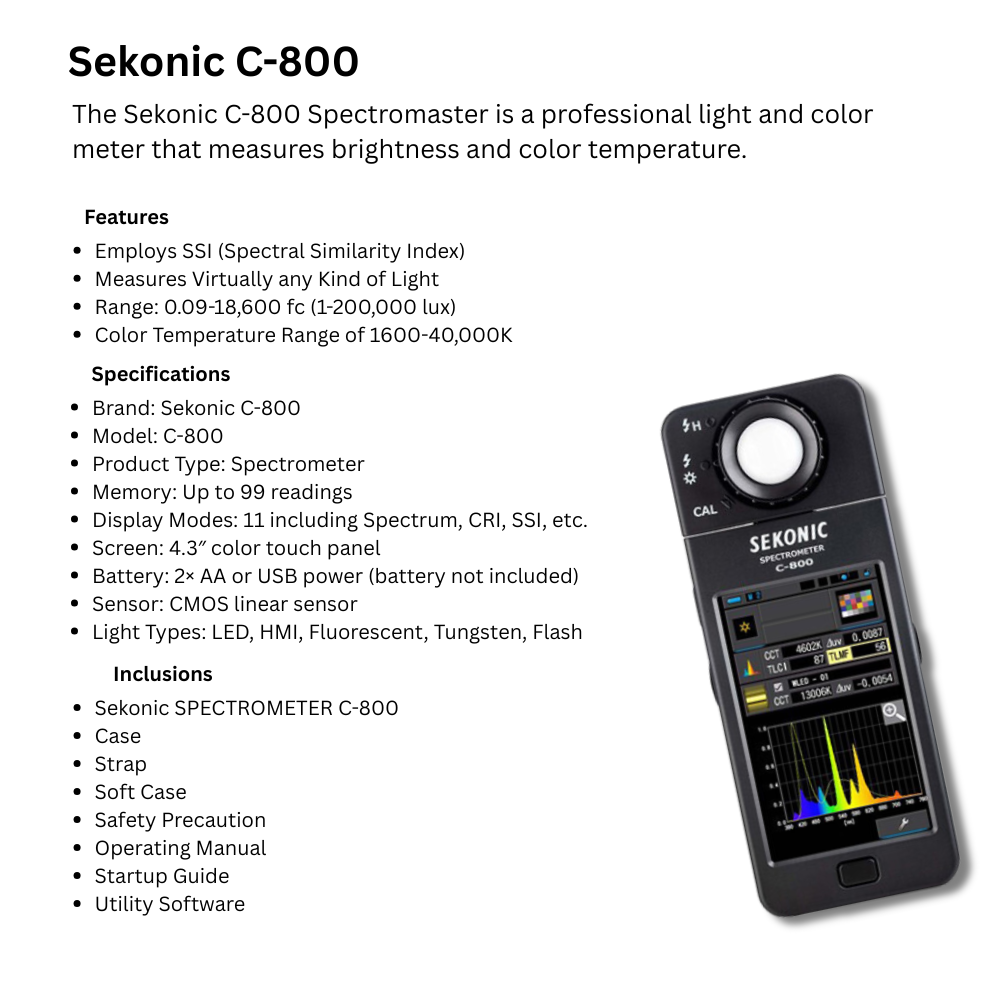 Sekonic C-800 Spectrometer Light Meter, 1600-40000K Temp Range, SSI ...