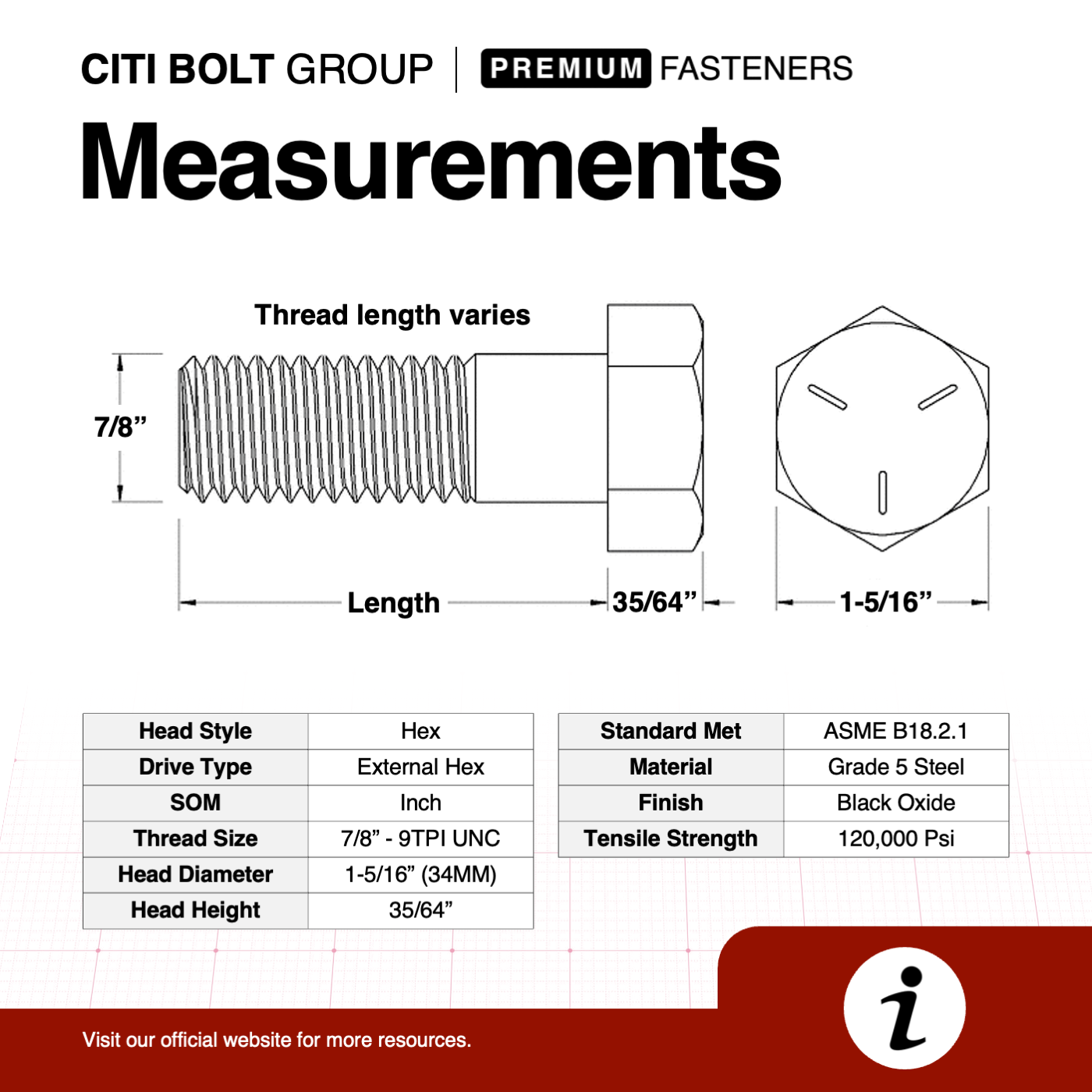 1pc 7/8 NC Grade 5 High Tensile Hex Cap Screw | HT Bolt (KS) | CITI ...