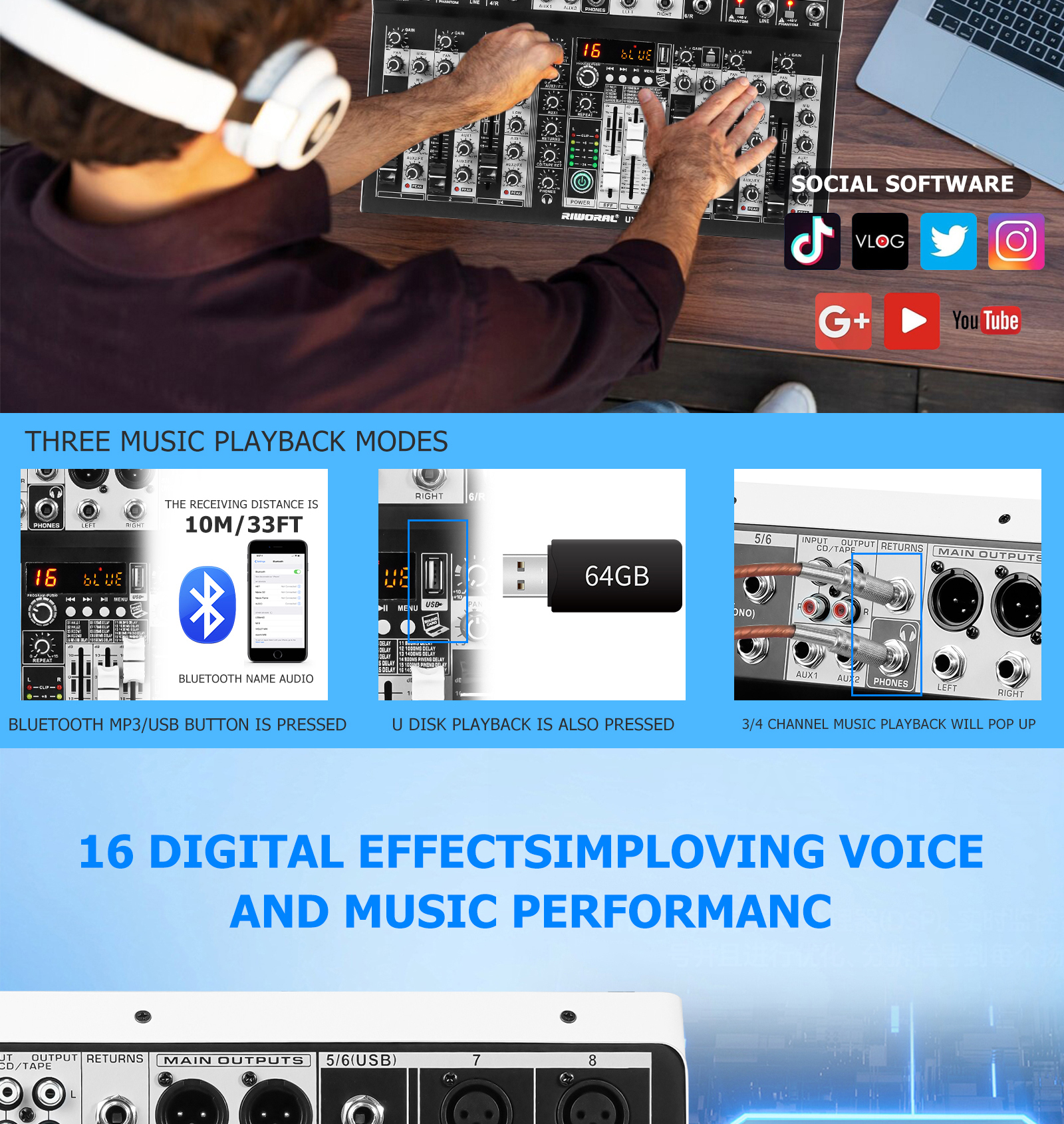 8 Channel Mixer EQ Output 16 DSP Effects Bluetooth/USB/MP3 ...