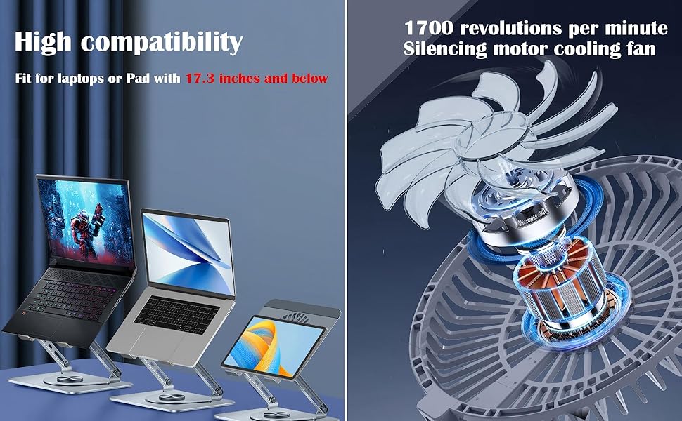 Meewoo Laptop Stand With Cooling Fan 360° Rotating Adjustable Metal ...