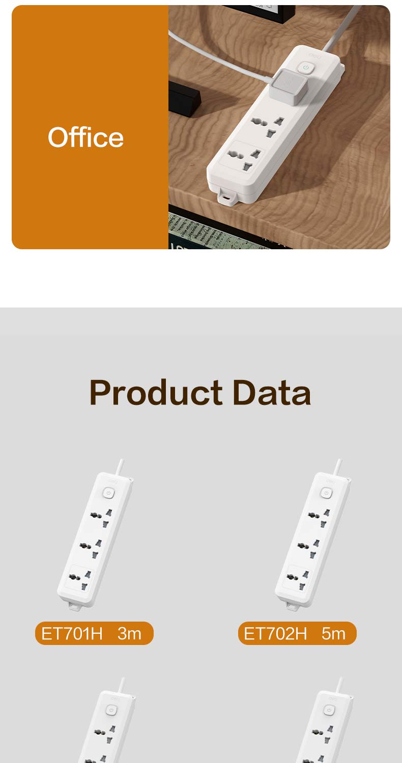 Deli T7/T7P/E7 Power Strip Socket 2500W/10A Extension Outlet 3/4/6 ...