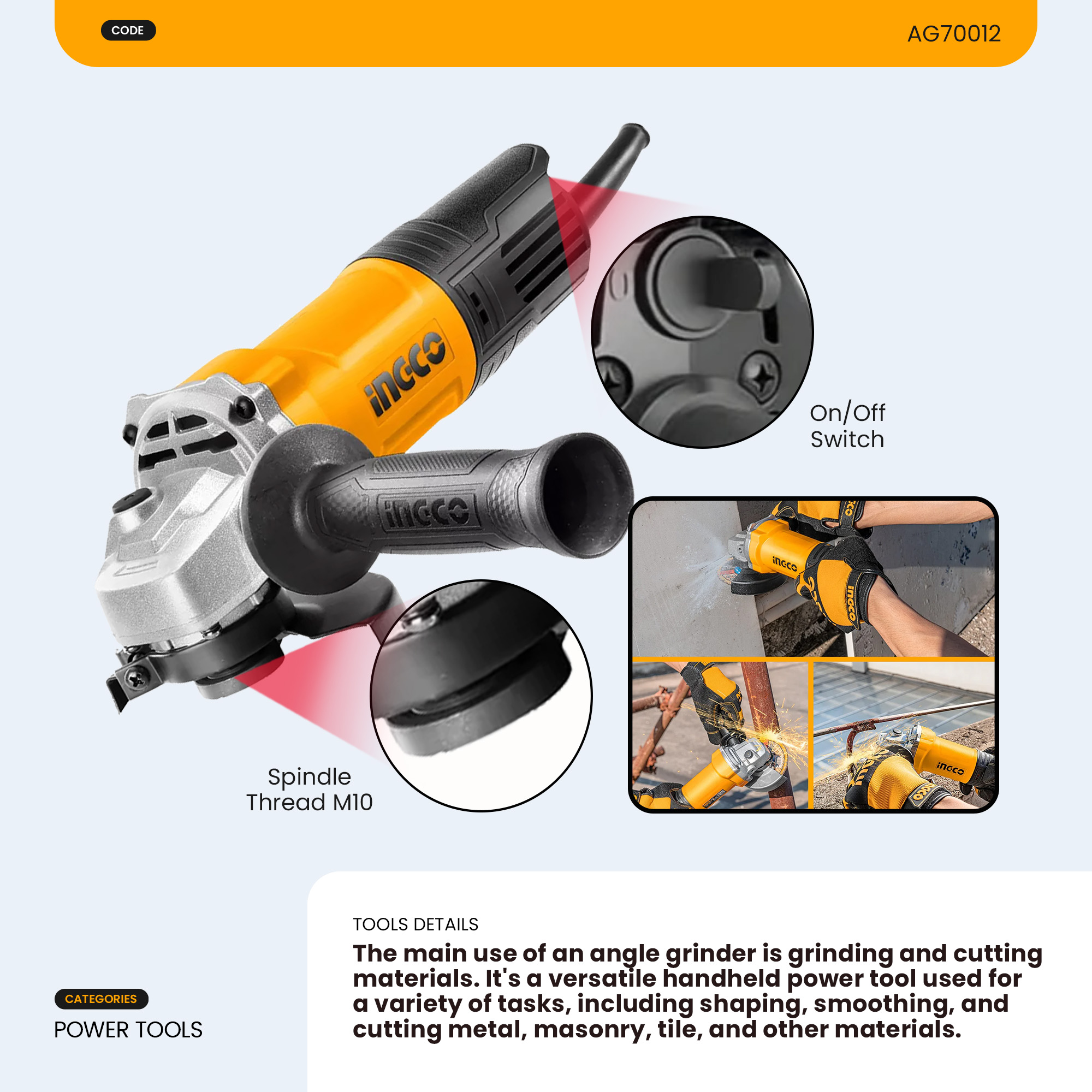 INGCO Electric Angle Grinder Cutting Machine 700W/750W/960W AG70012 ...