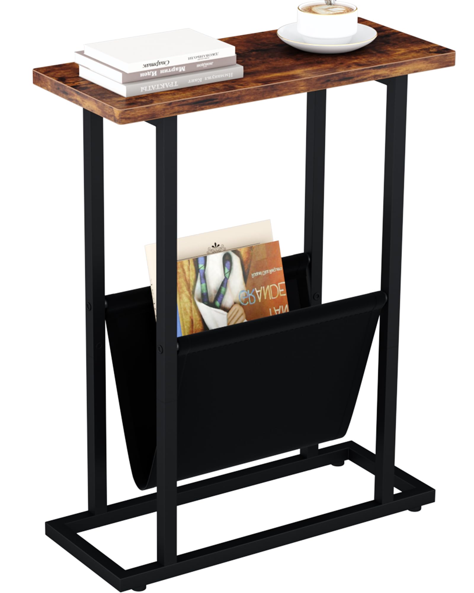 Narrow side table with basket stable thicken wooden end table small ...