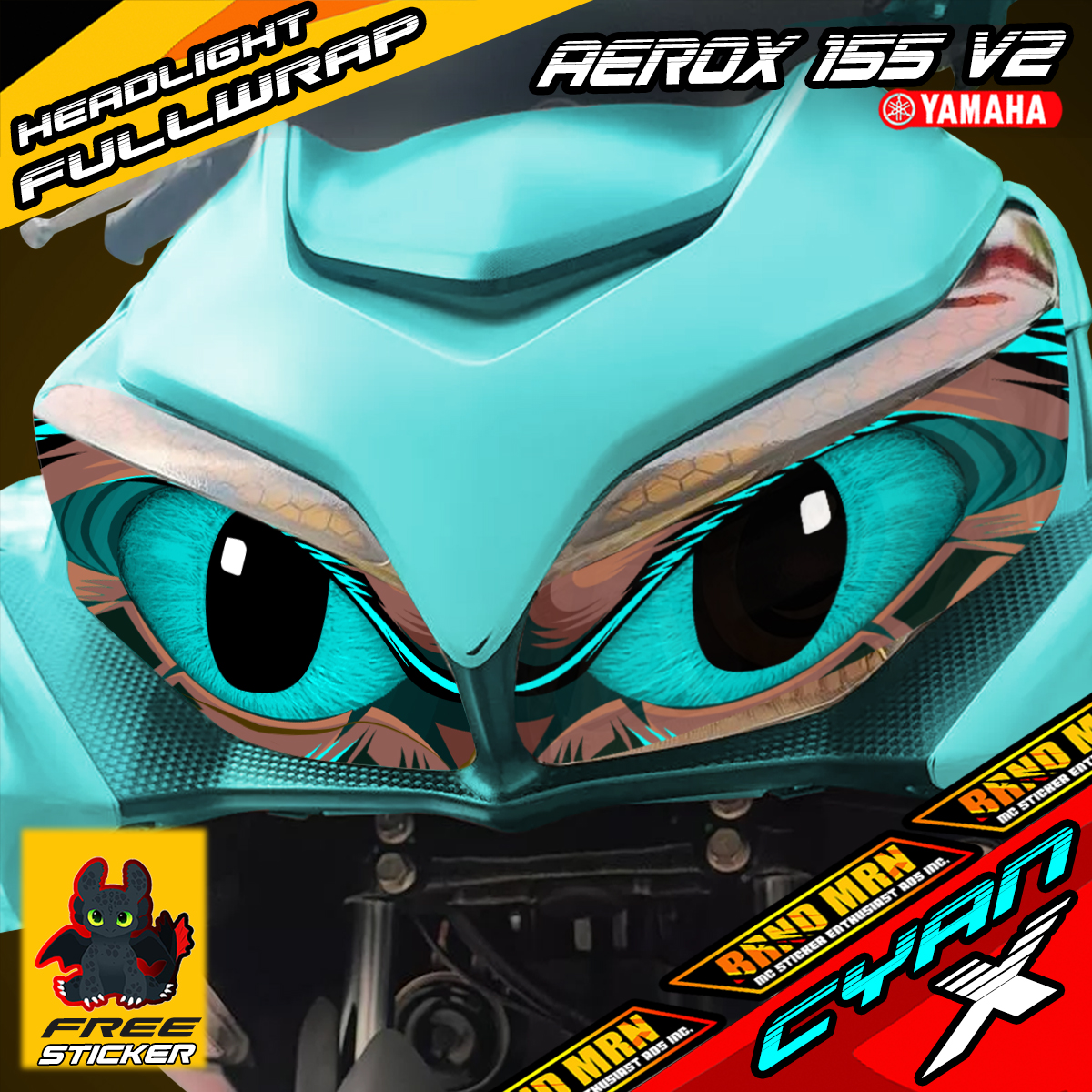 YAMAHA AEROX 155 V2 Headlight Toothless Eye Decal Sticker Tint Fullwrap ...
