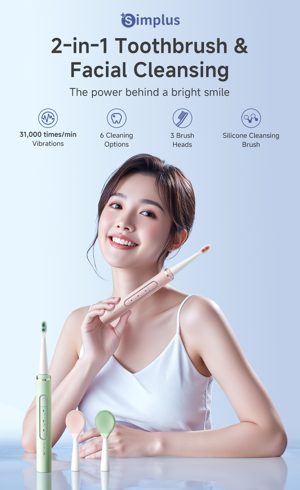 Simplus Electric Toothbrush 2-in-1 Tooth & Facial Cleansing 3 Modes 2 ...