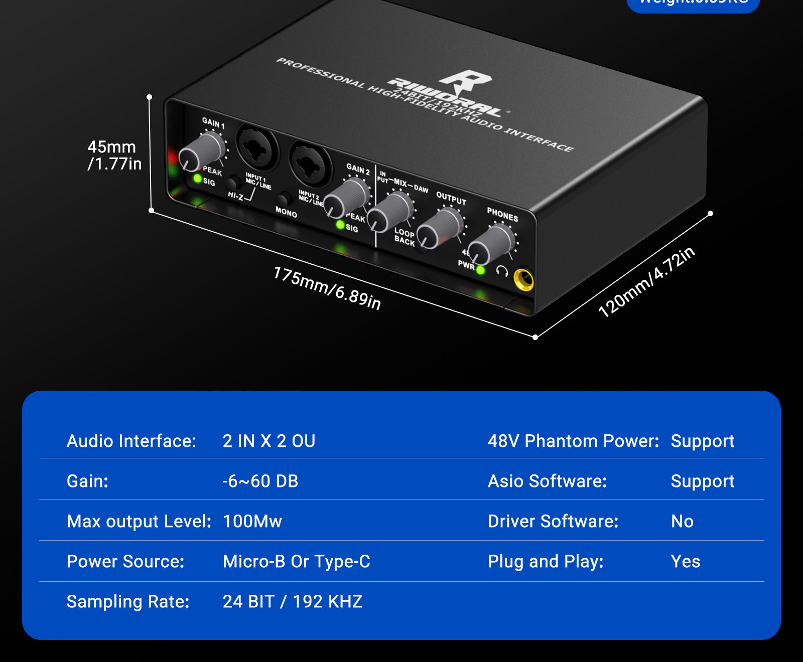 Audio Interface 24Bit/96kHz Used for Pc With XlR / 1/4 Inch Jack 2 ...