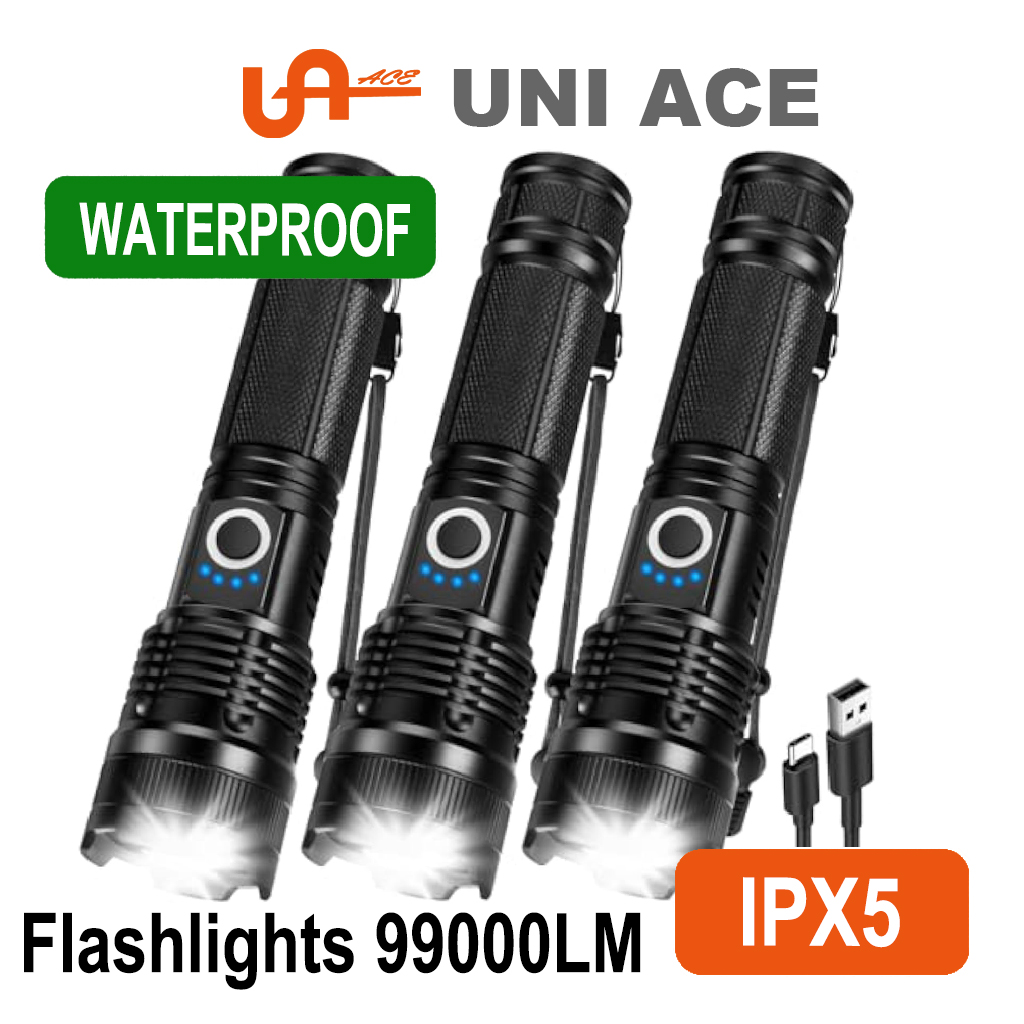 UNI ACE USB Rechargeable LED Flashlight 99000LM Waterproof 5 Modes ...