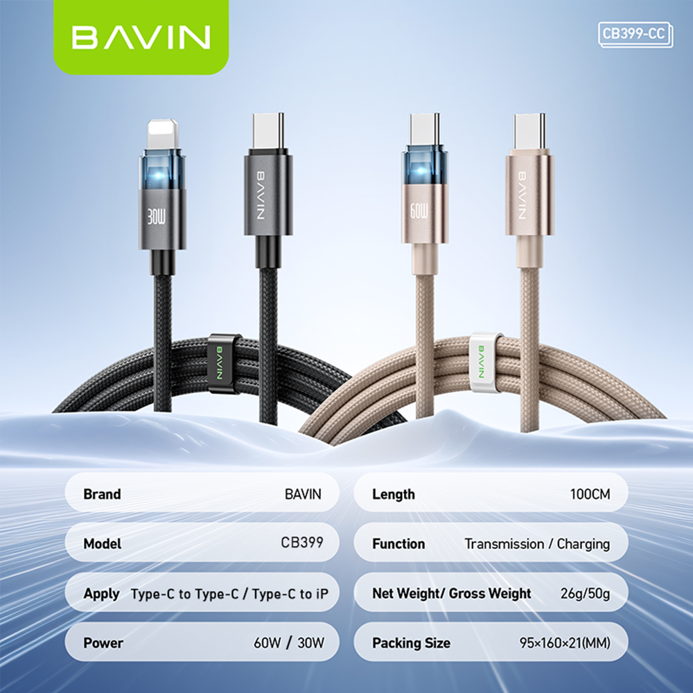 BAVIN CB399 60W PD Fast Charging & Data Cable Type-C to iP/ Type-C to ...