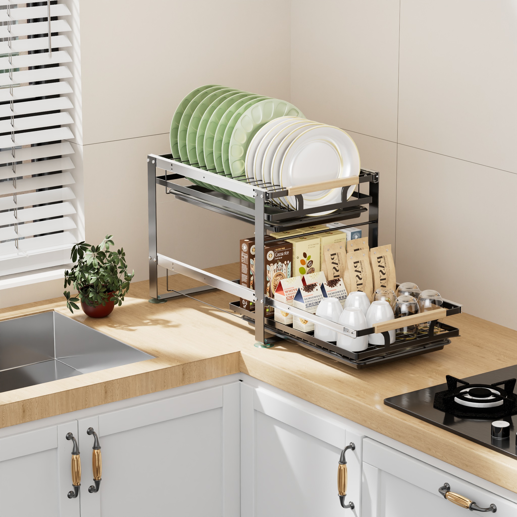 Dish Drainer Rack Kitchen Pullout Dish Storage Rack Sliding Metal ...