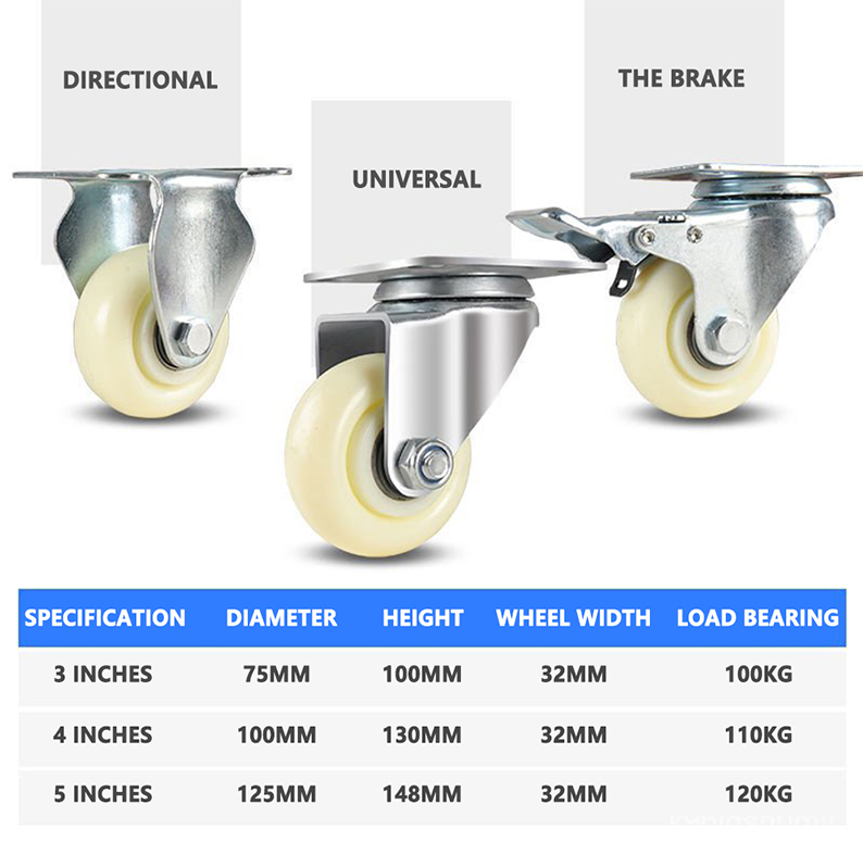 4pcs White Nylon Caster Wheels 3inch - 5inch Fixed / Rotate Wheel (With ...