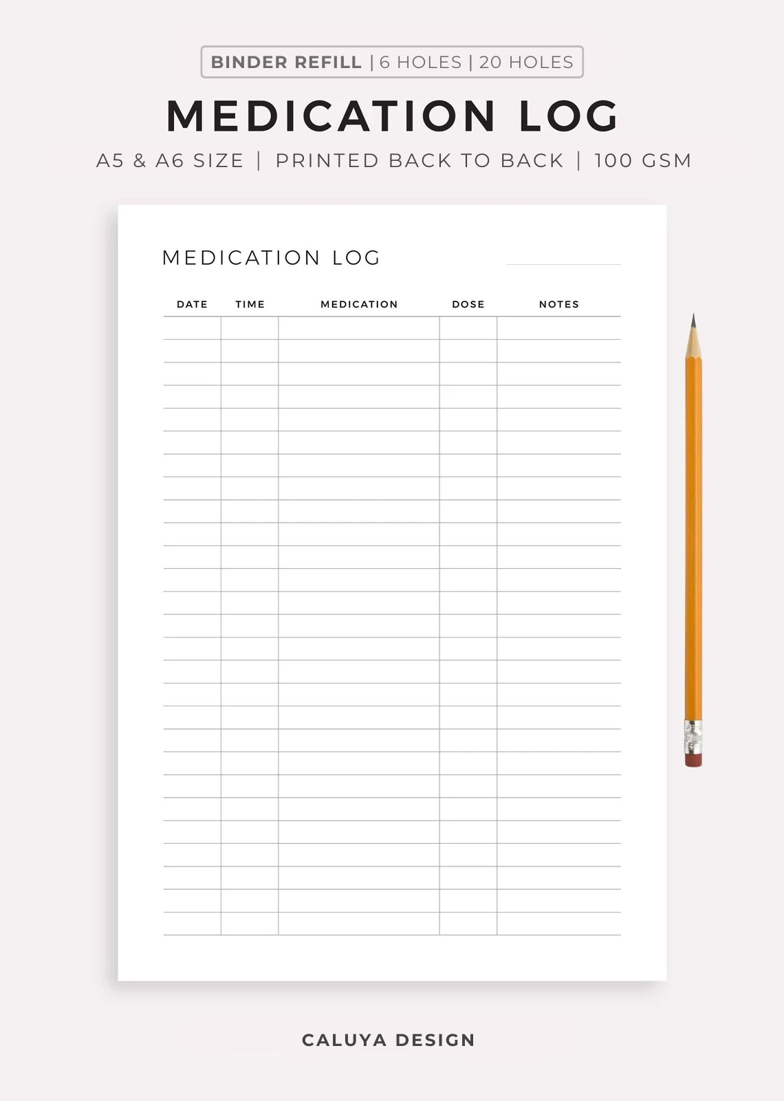 A5 A6 Medication Log Planner | A5 Binder Notebook Refill Pages ...