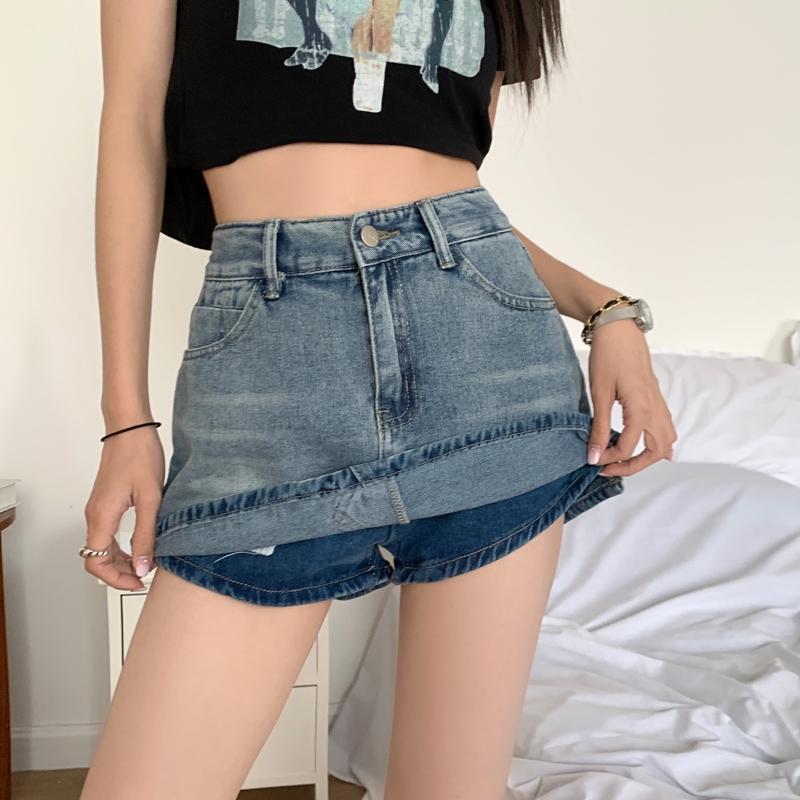 Fashion Palda A-line Mini Skort High Waist Anti-light Denim Skort ...