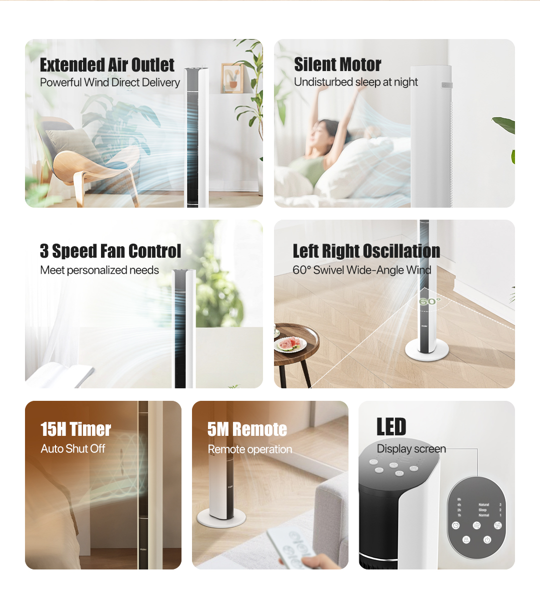 Haier Electric Tower Fan with LED Touch Control, 15H Timer, Cooling ...