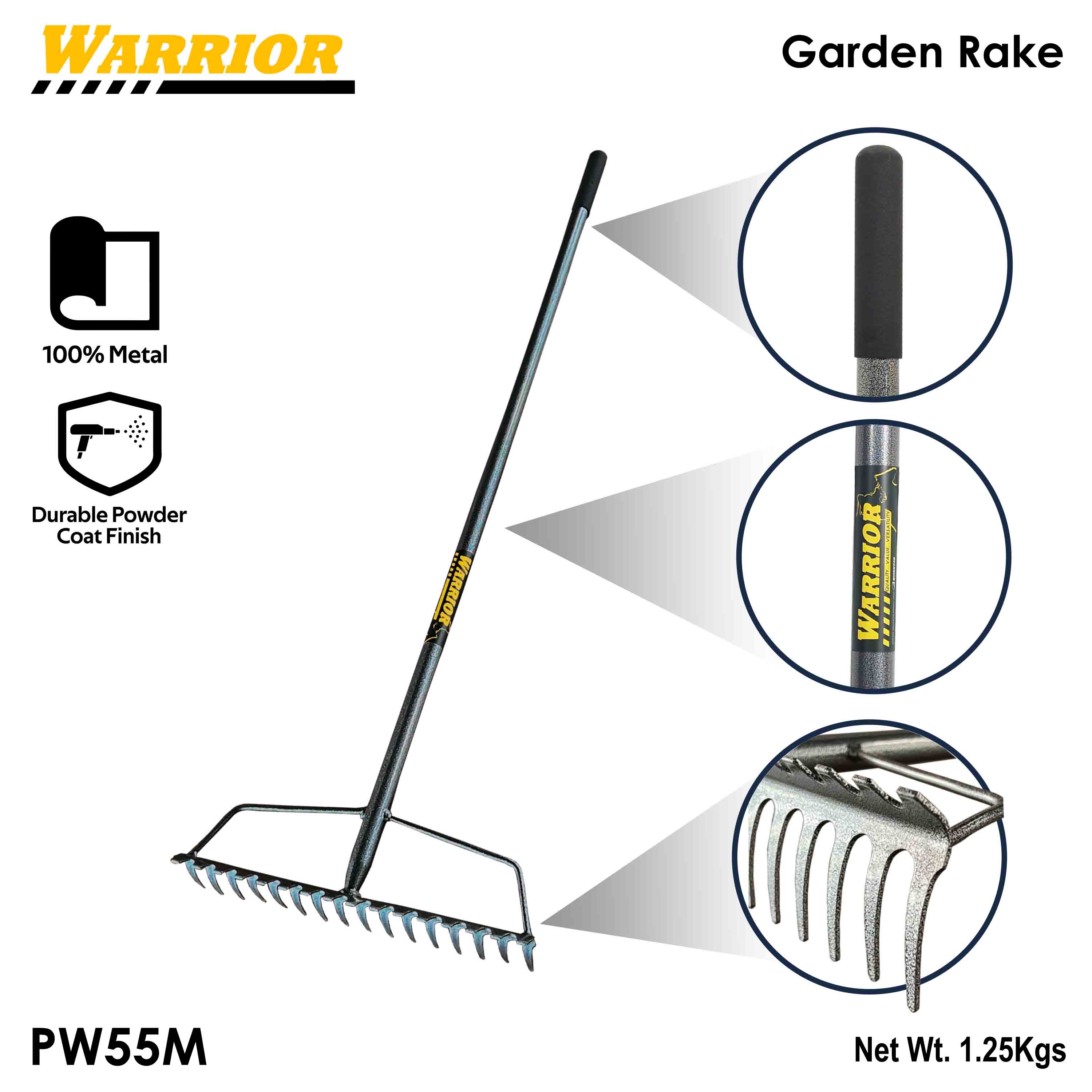 WARRIOR Garden RAKE (Kalaykay) 16 Tines for Gardening ALL-METAL 50-Inch ...