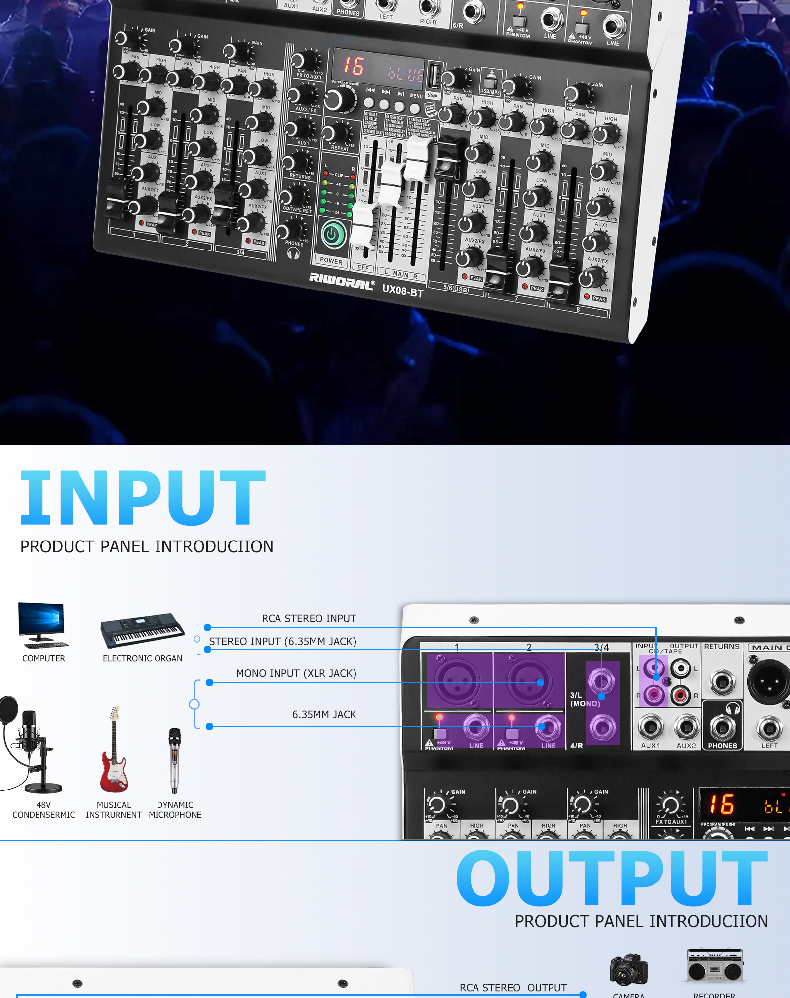 8 Channel Mixer EQ Output 16 DSP Effects Bluetooth/USB/MP3 ...