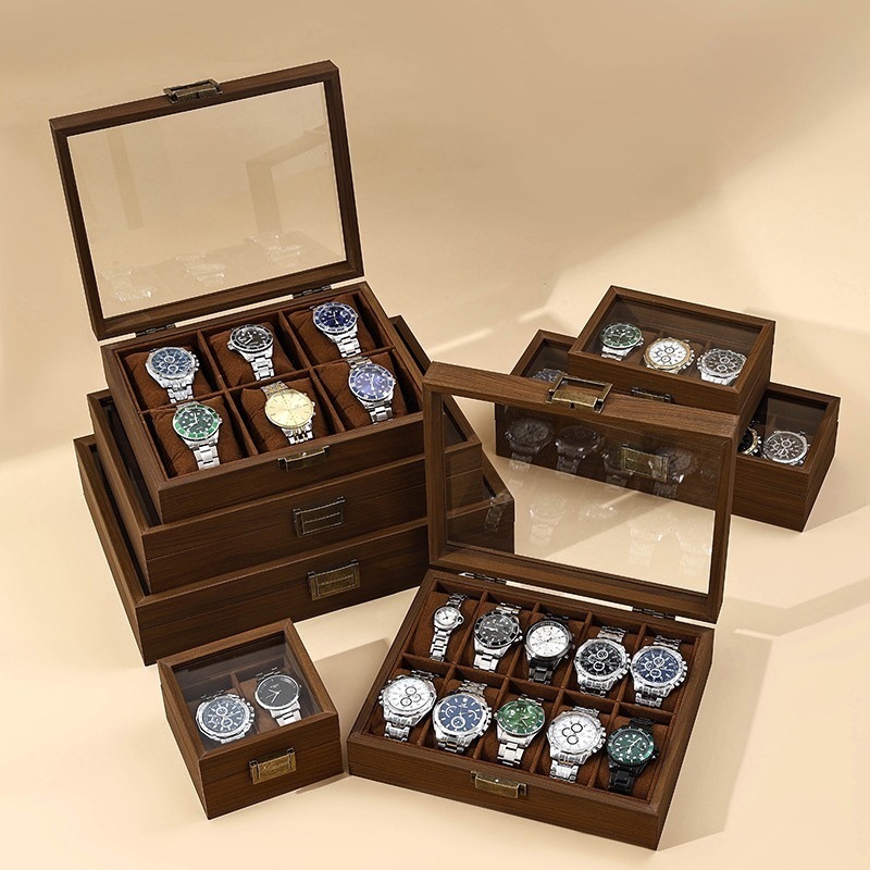Wood Watch Storage Box 3 6 10 12 Slot Dust Proof Glass Cover Watch Box ...