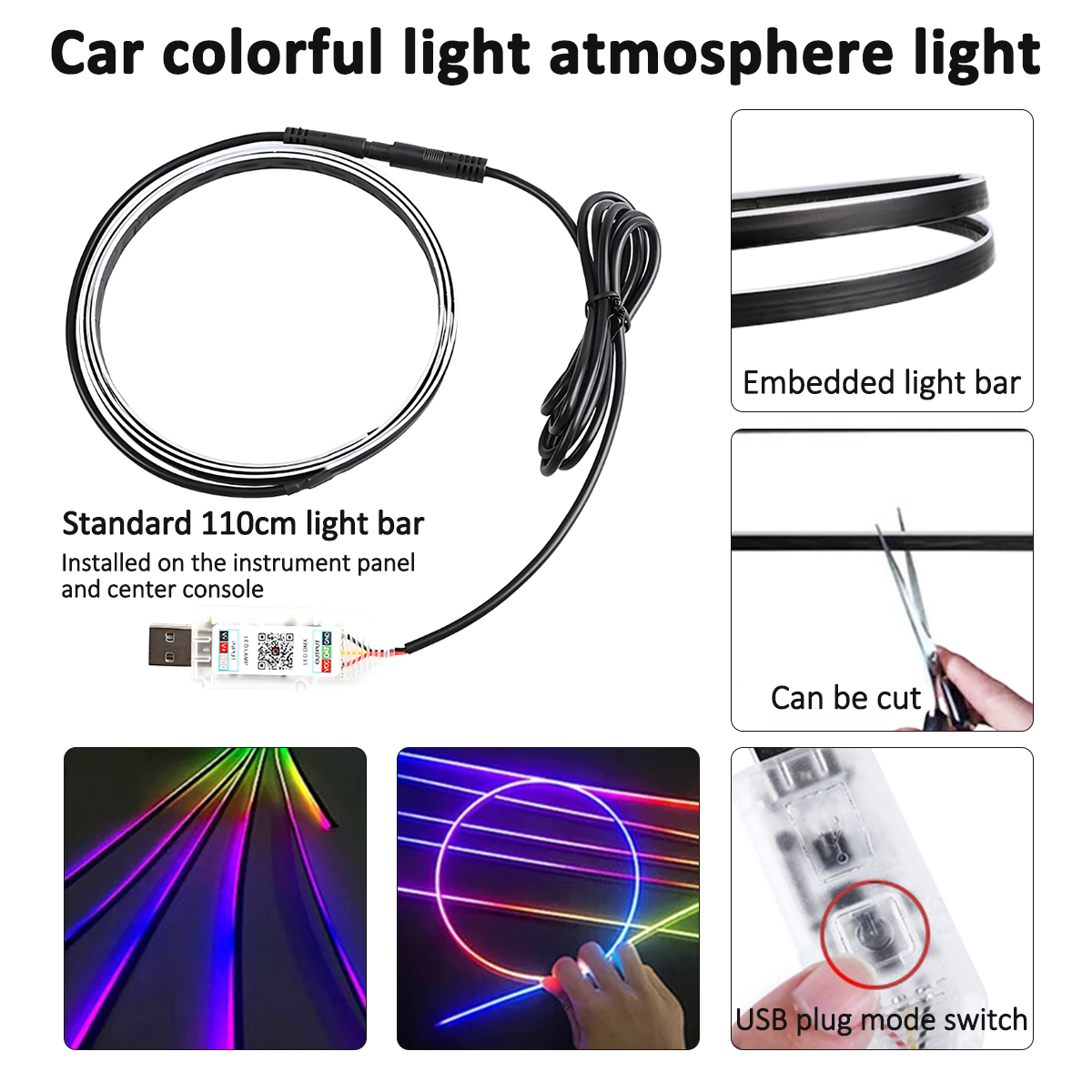 RGB car Led Strips lights racing streamer USB instrument panel center ...