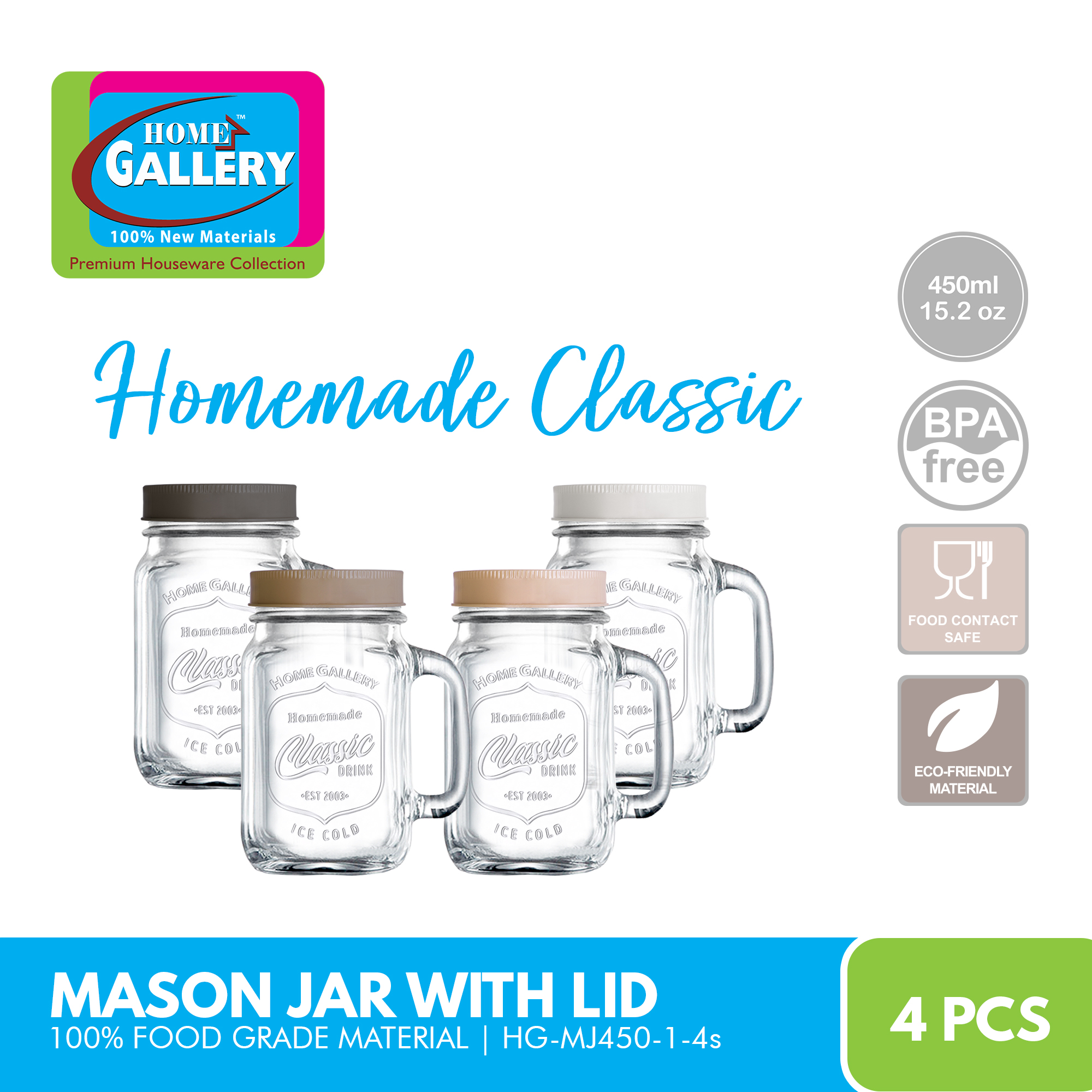 Home Gallery Mason Jar w/ Lid 450ml ,720ml 24.3oz 4pcs 100% Food ...