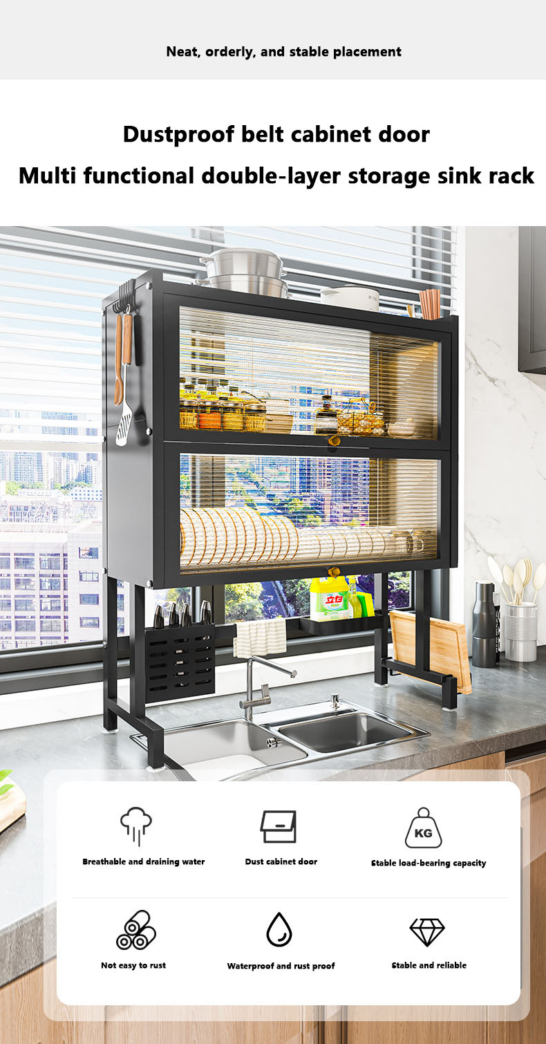 Metal Double-layer Dish Cabinet Rack Sink Rack With Cover Plate Storage ...