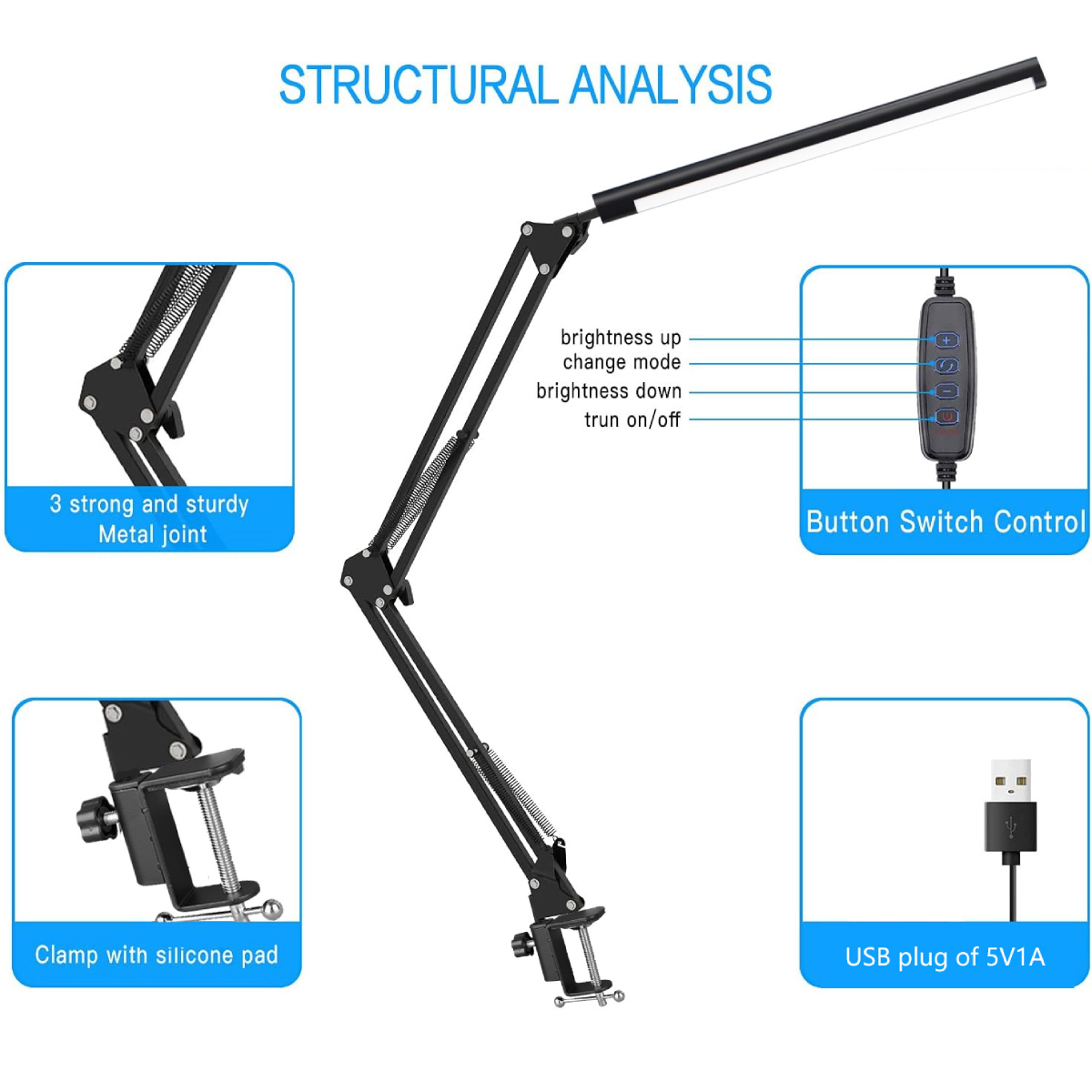 LED Folding Metal Desk Lamp Clip On Light Clamp Long Arm Dimming Table ...