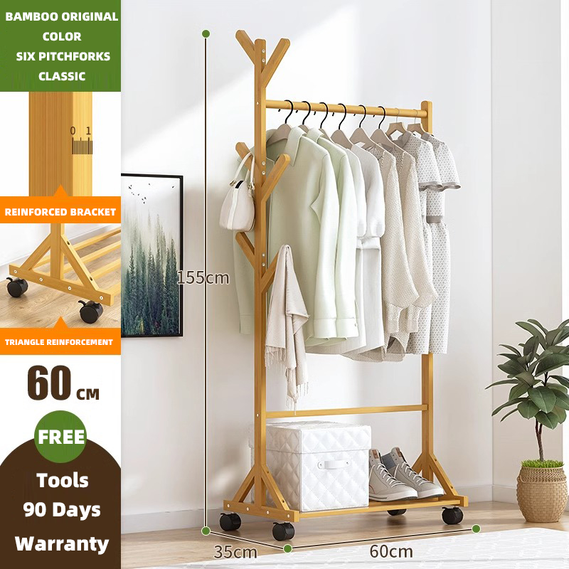 MC&HOME 100CM Clothes Rack Bamboo Suspension Shelves 4 Wheels Movable ...