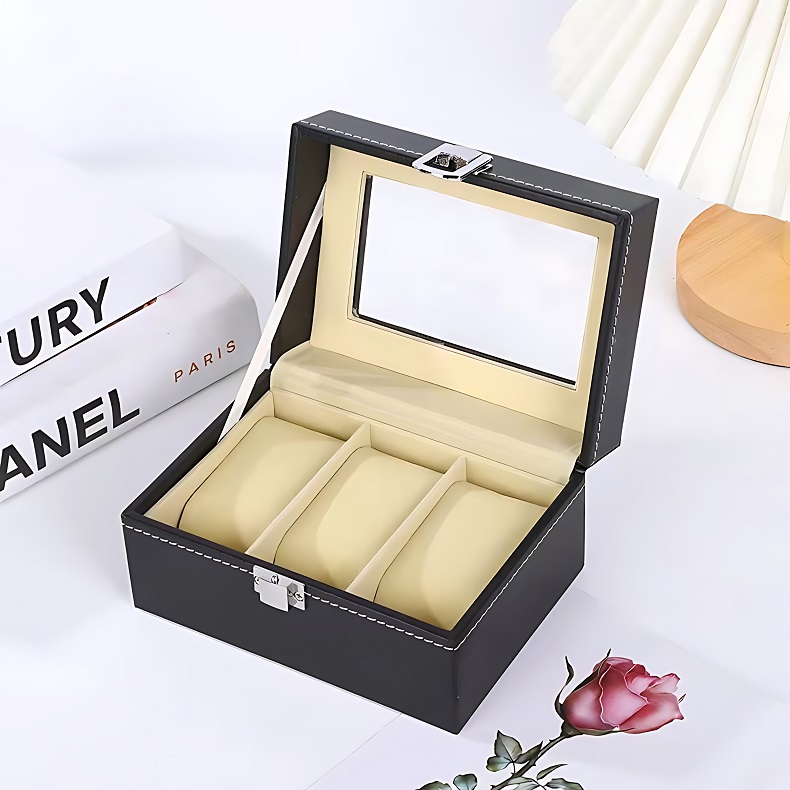 PU Leather 3-Slot Watch Storage Display Box Black Three-Slot Storage ...