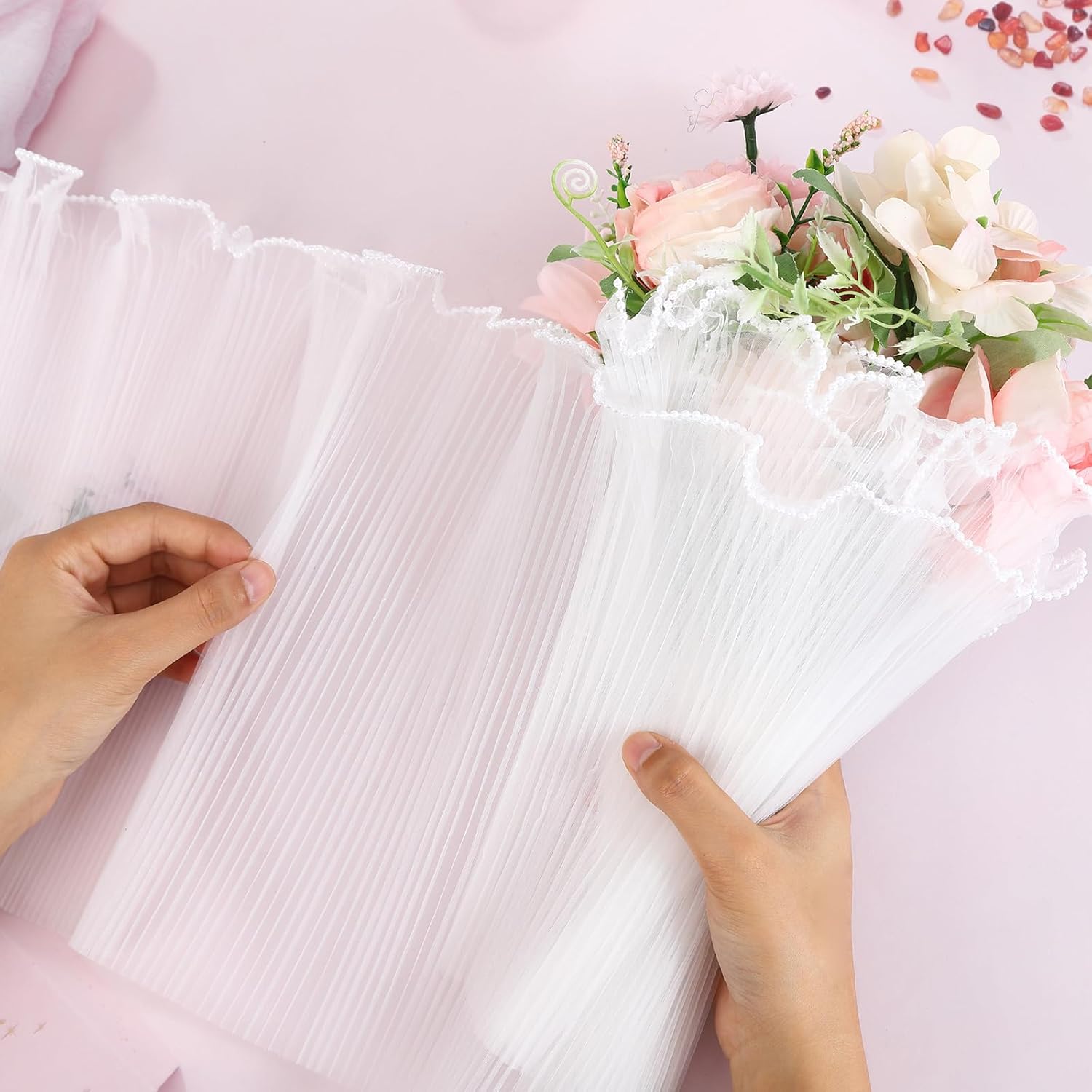 3PCS Flower Wrapping Mesh Paper,4.37 Yards Pearl Edge Bouquet Packaging...