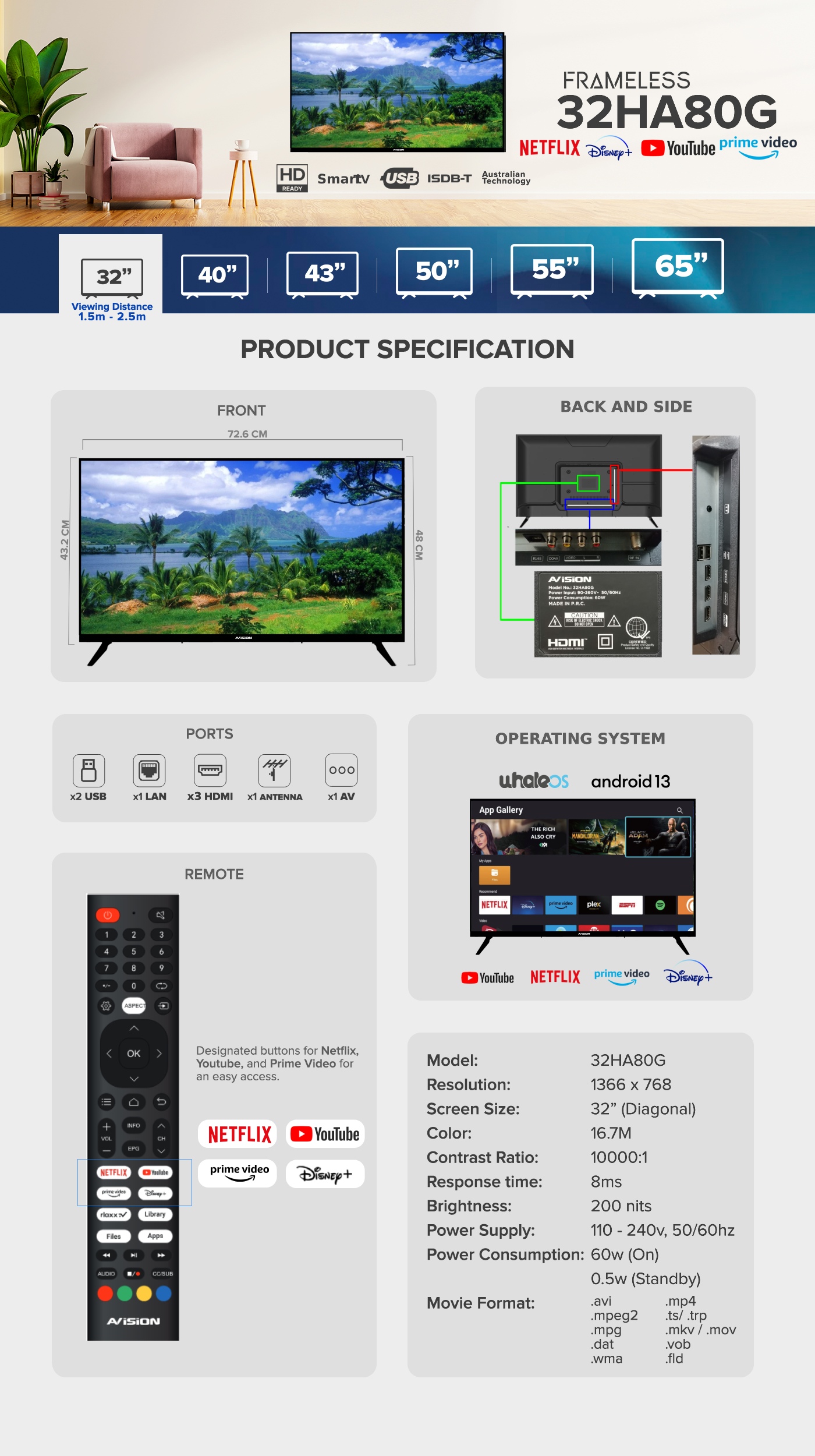 Avision 32 Inch Smart Android HD Ready LED TV w/ Built-in Netflix ...