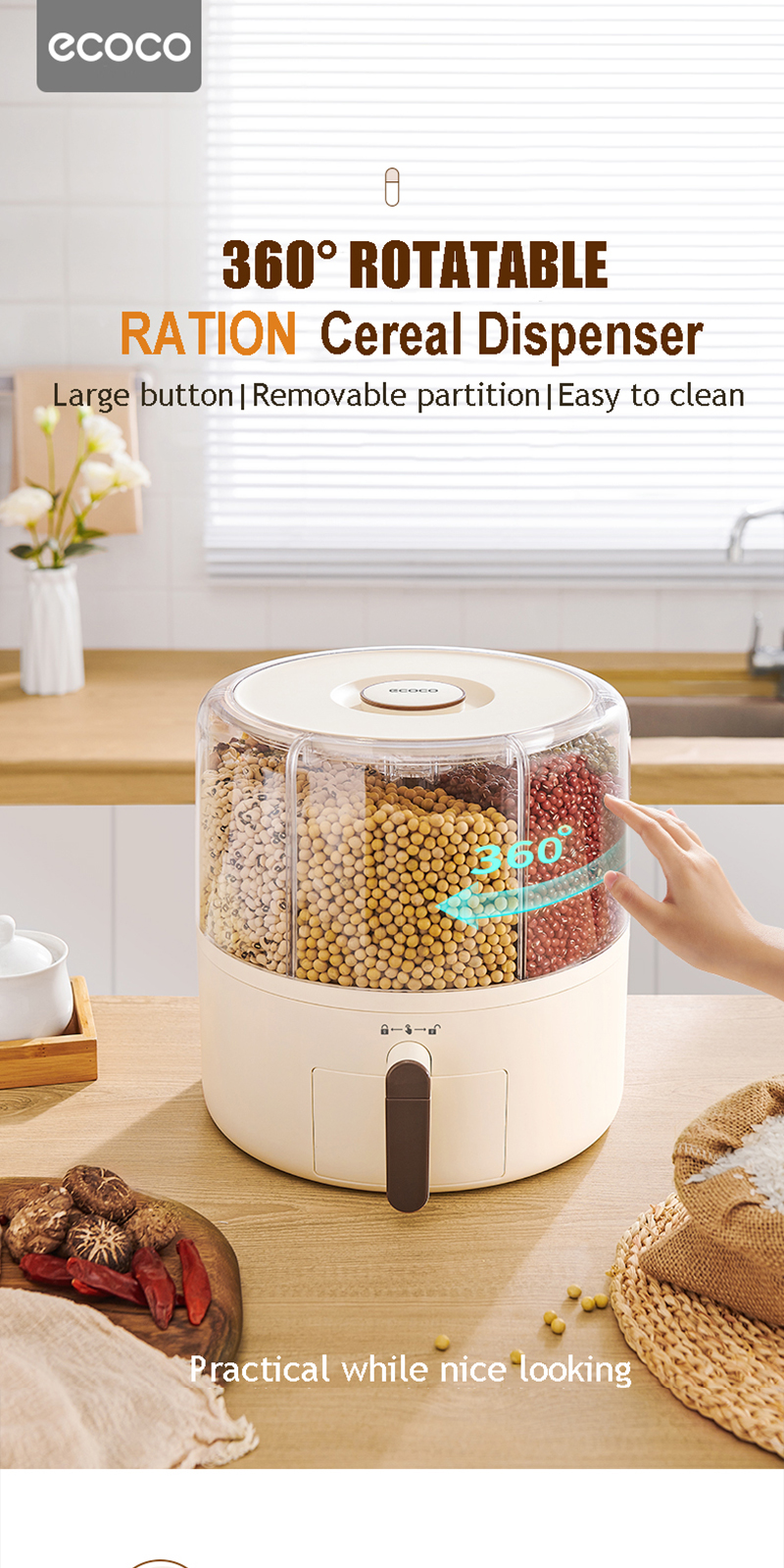 Ecoco Rotatable Cereal Dispenser 6-grid Rice Storage Container 7.2L 9 ...