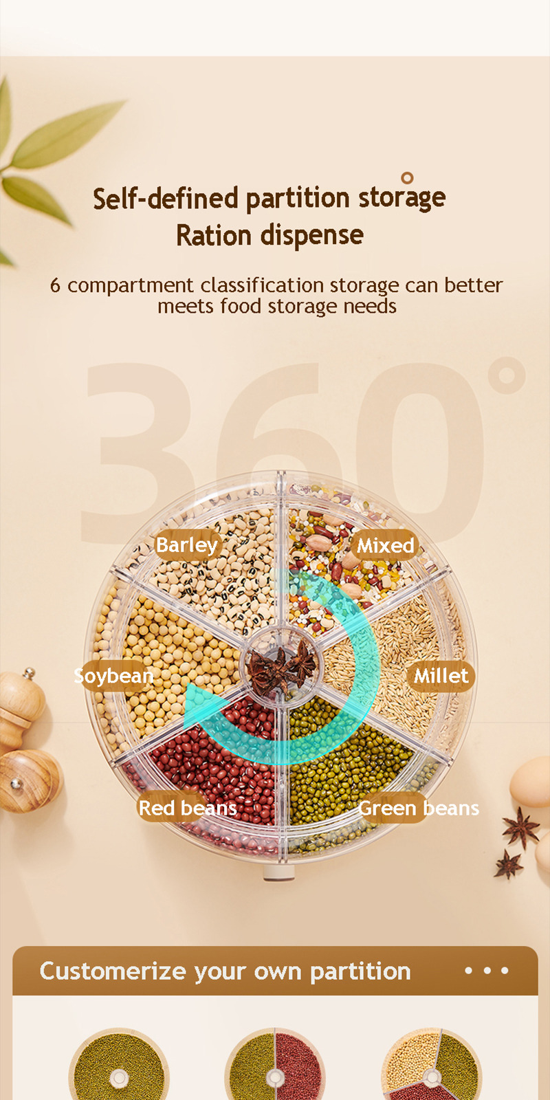 Ecoco Rotatable Cereal Dispenser 6-grid Rice Storage Container 7.2L 9 ...