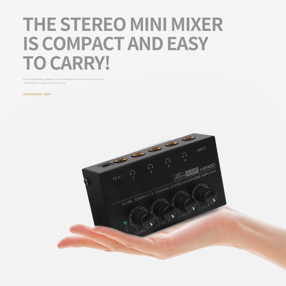 Neoteck Amplificateur de Casque 4 Canaux Mini Stéréo Ampli avec Adaptateur 6.35mm (1/4Pouces) à 3.5mm (1/8Pouces) Équilibré TRS Headphones Output Jack and TRS Audio Input pour Mixeur de Sons