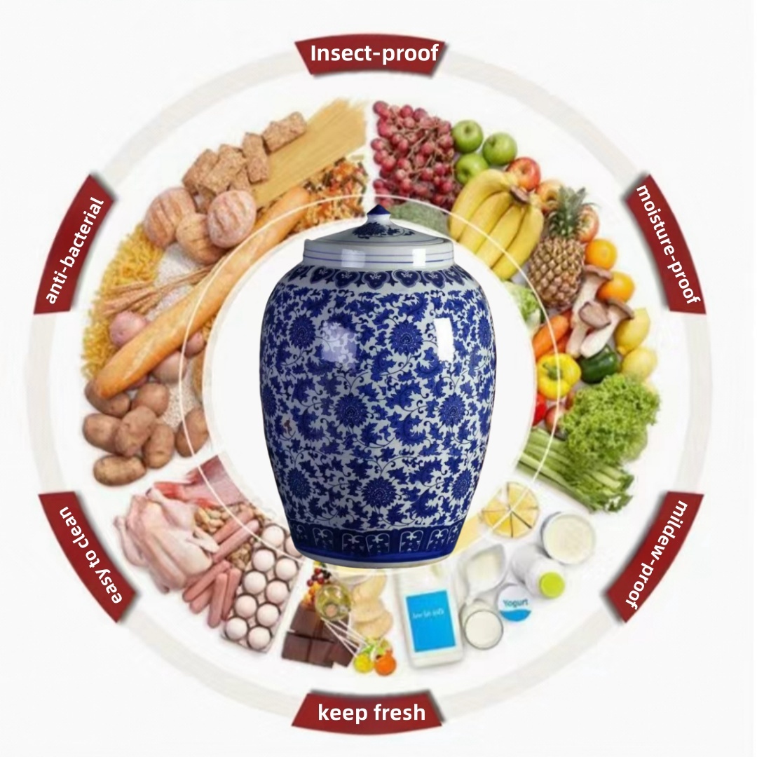 10/25/50kg ceramic rice dispenser blue and white porcelain cereal food ...