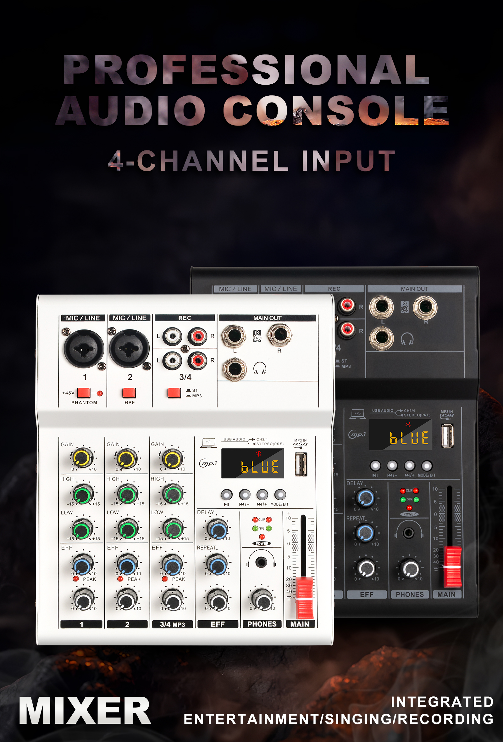 4 Channel Audio Mixer 48V Phantom Power Monitor Path Portable Mini ...