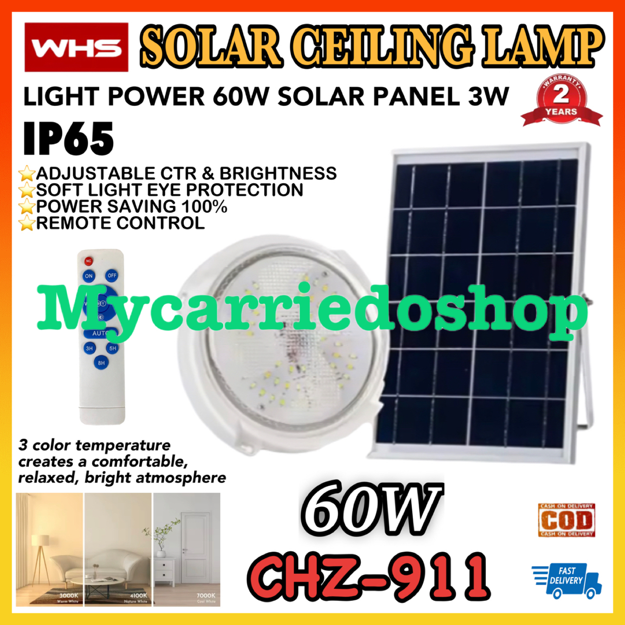 WHS 60W 100W 200W 300W Solar Ceiling Lamp Home Indoor Ceiling Light ...