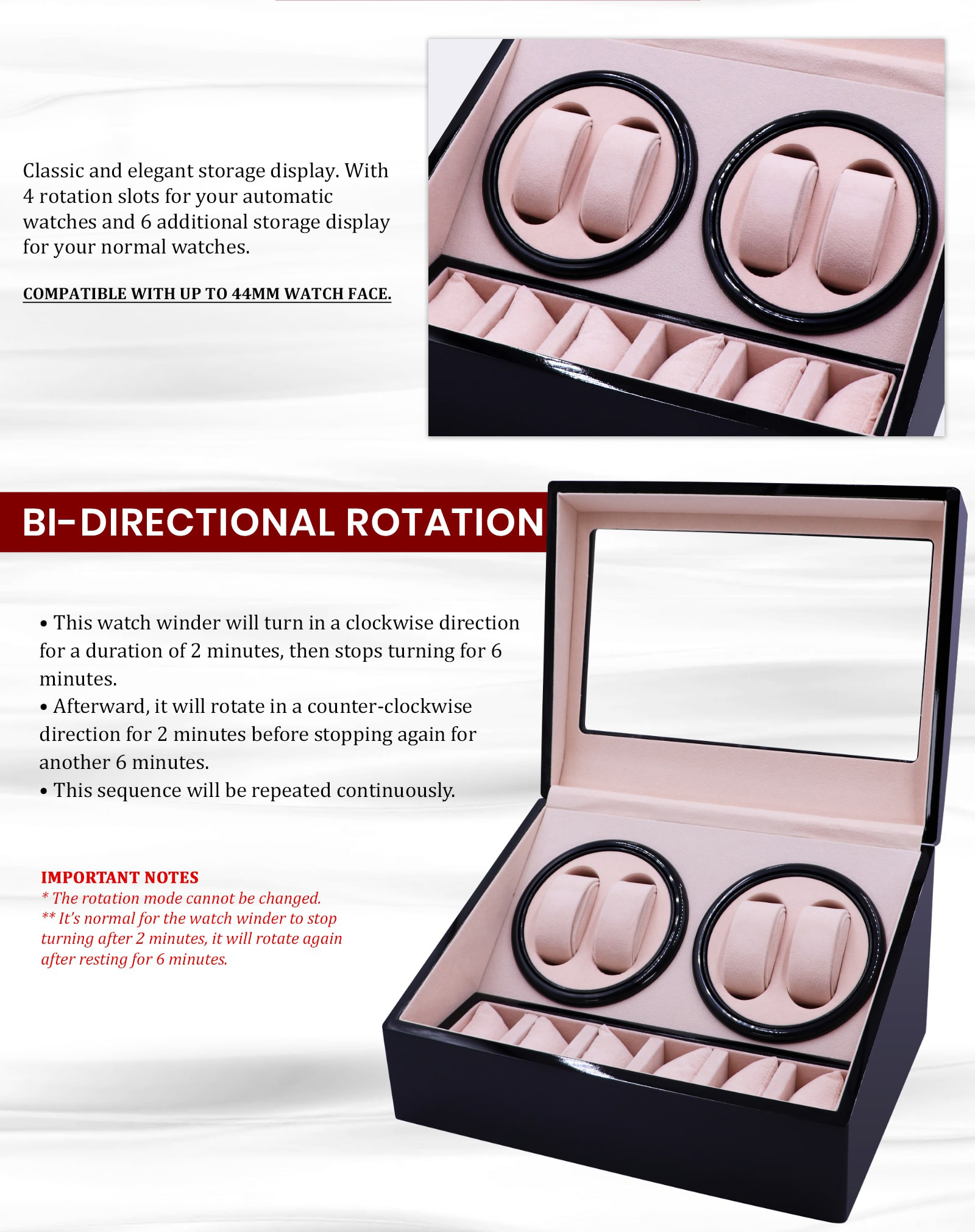 4 Slots Bi-directional Rotation Watch Winder w/ 6 Additional Storage ...