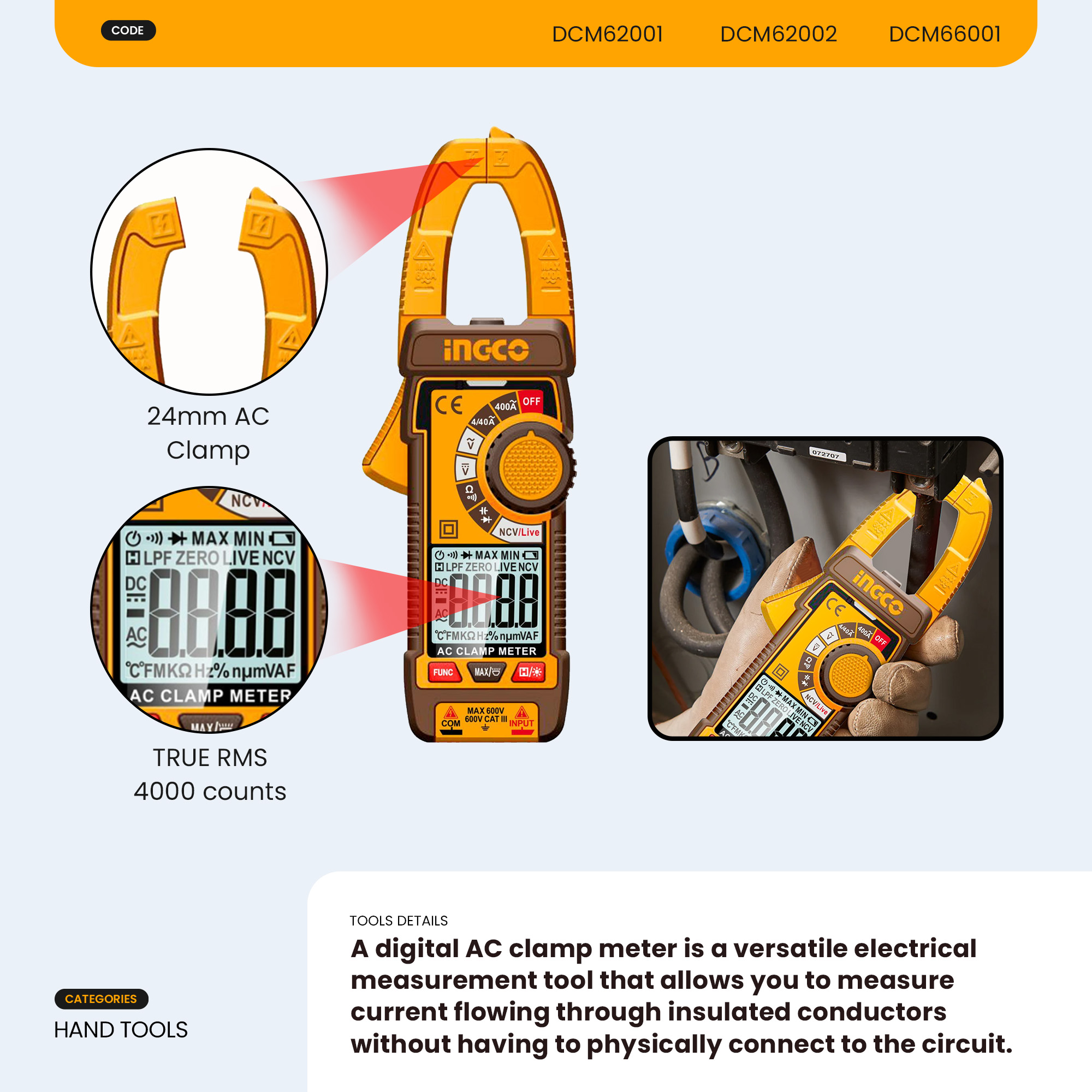 Ingco 400A/600A Digital Clamp Meter 4000C True RMS AC/DC Multimeter ...