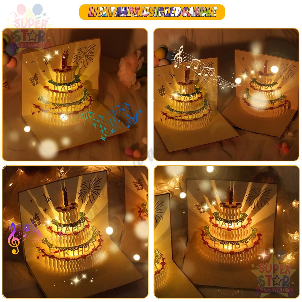 3D Happy Birthday Card with Music and Lights Pop Up Cake Greetings Card ...