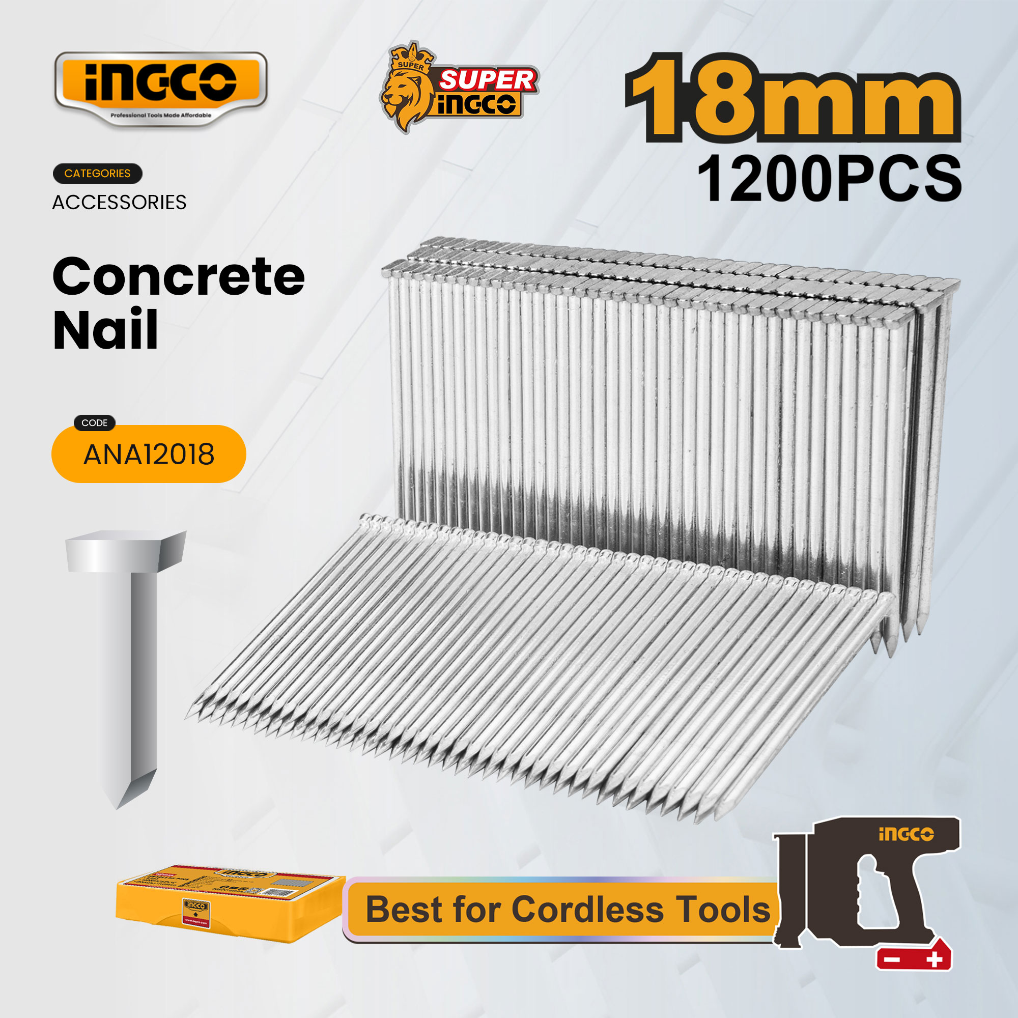 Ingco 1200pcs 18mm Concrete Nails Steel Masonry Pins w/ Flat Head for ...
