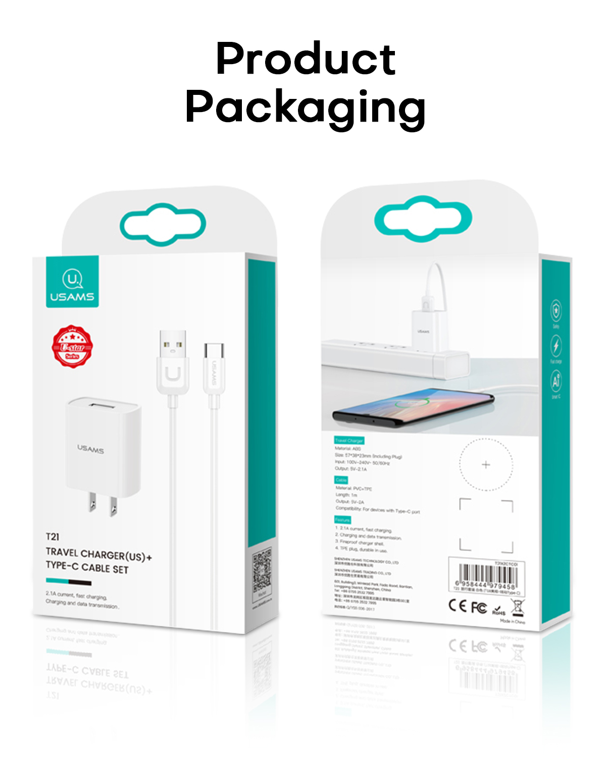 USAMS T21 2.1A Single Inline Charger Type-C/Micro Fast Charging Cable ...