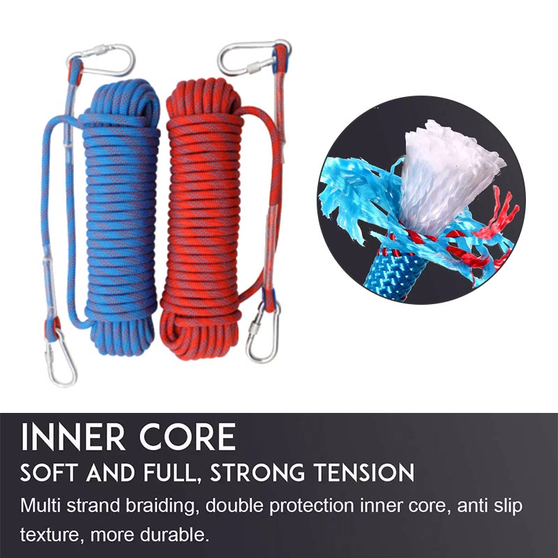 10M/394inch Static Utility Rope Free 2 Carabiners For Outdoor ...