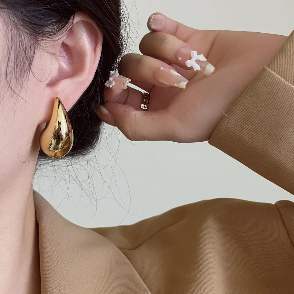 Vintage Gold Plated Chunky Dome Drop Earrings for Women Glossy Teardrop ...