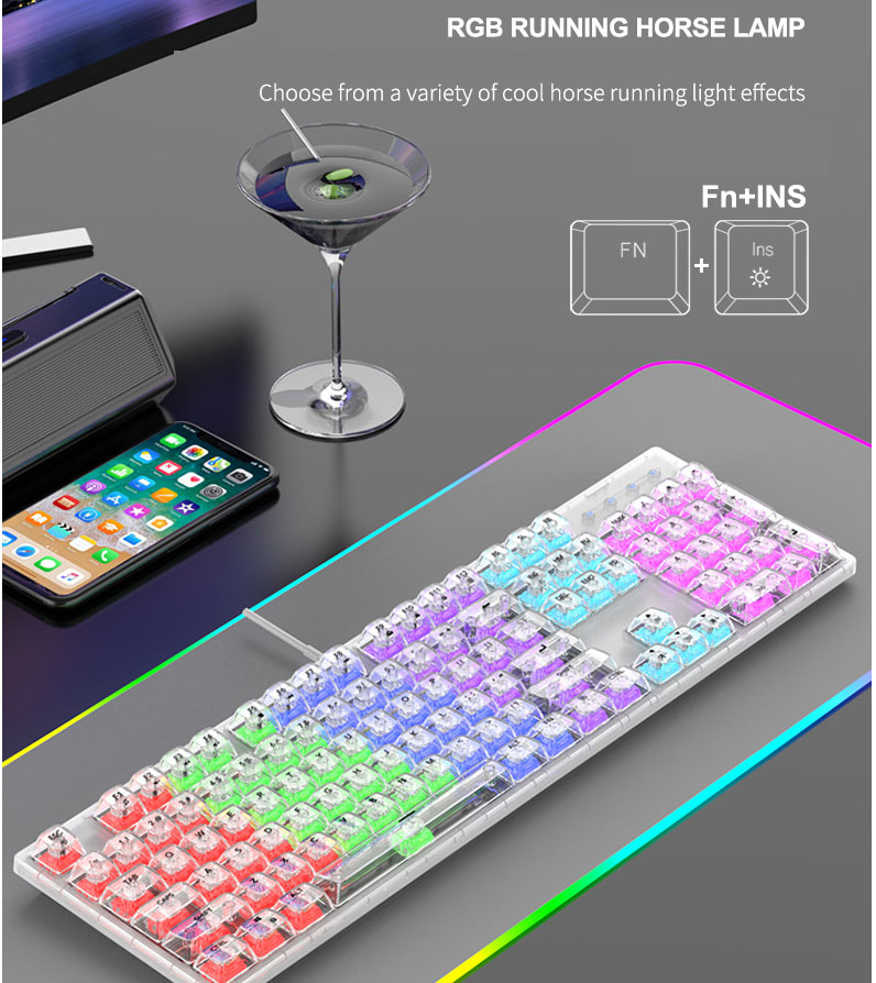 Zeus 104 Keys Transparent Crystal Keycaps Wired RGB Mechanical Keyboard ...