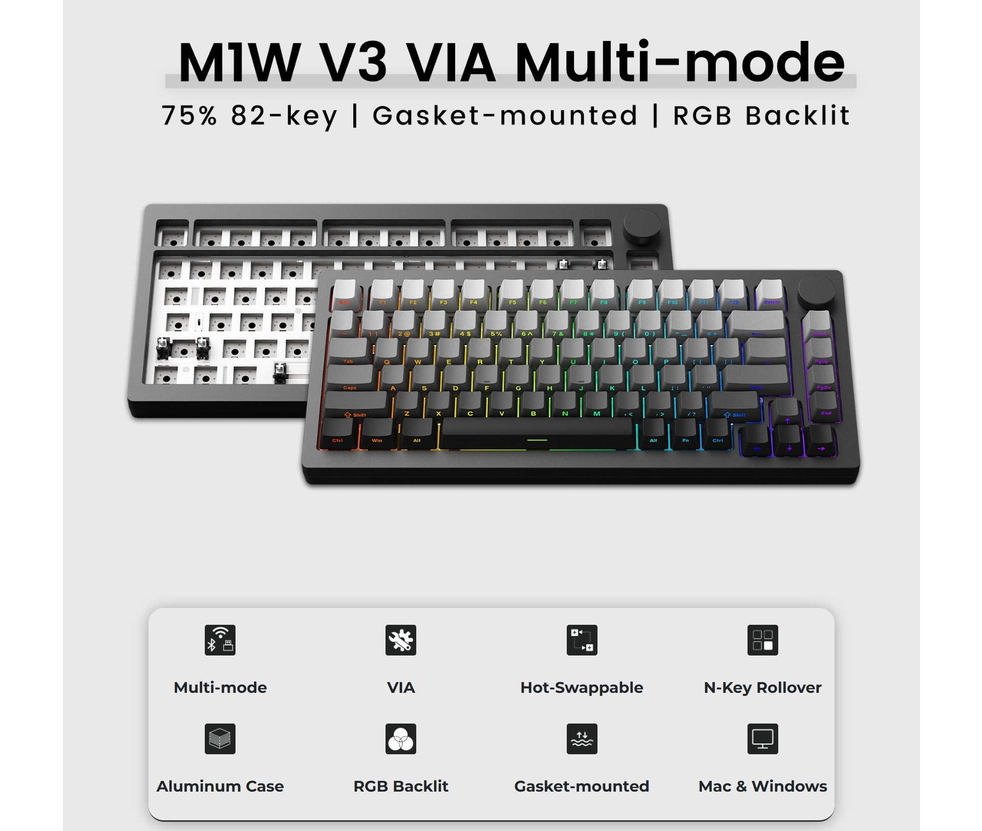 MonsGeek M1W V3 VIA Barebone DIY Kit Aluminum Case Multi-Mode RGB Hot ...