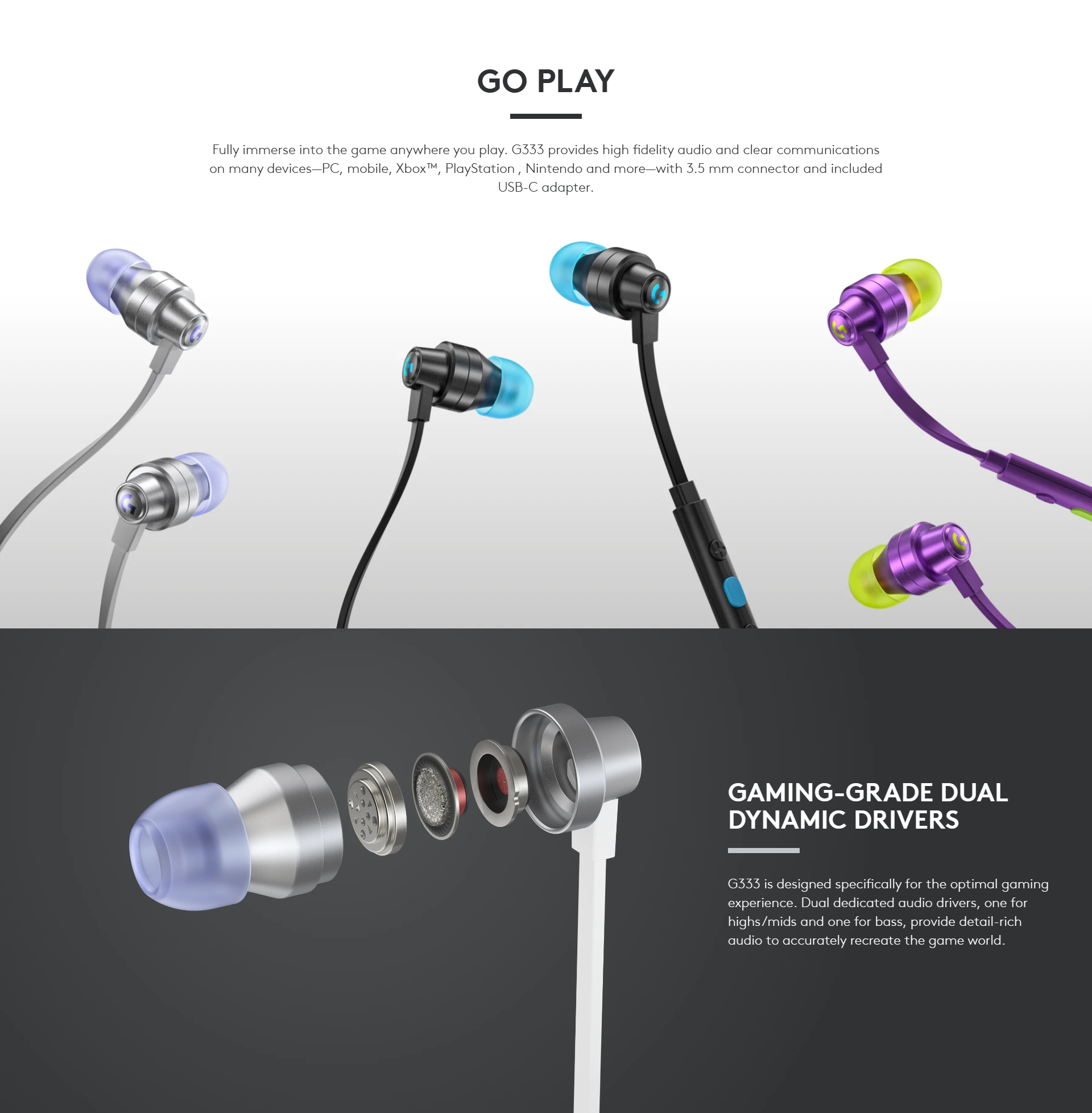 Logitech G333 Gaming Earphones with Dual Audio Drivers In-Line Mic ...