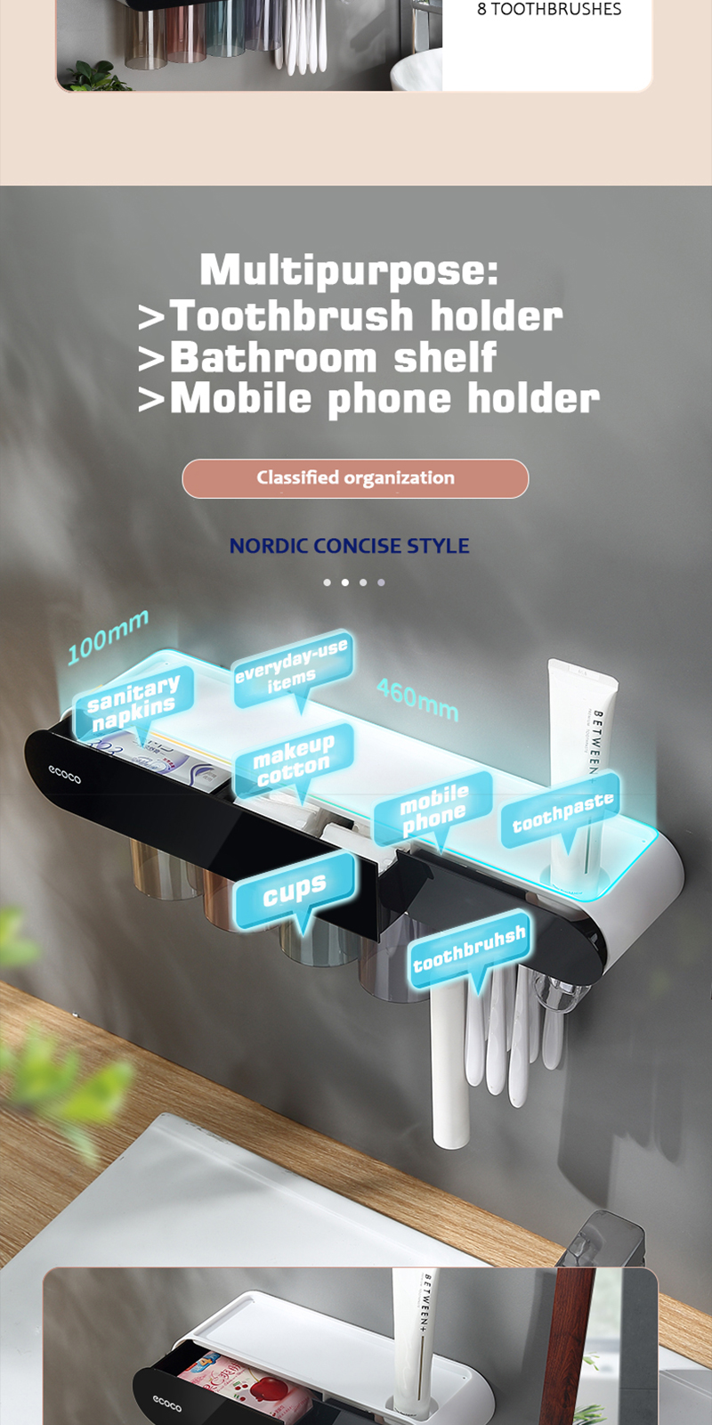 Ecoco Toothbrush Holder with Magnetic Cups Wall-mounted Toothpaste ...