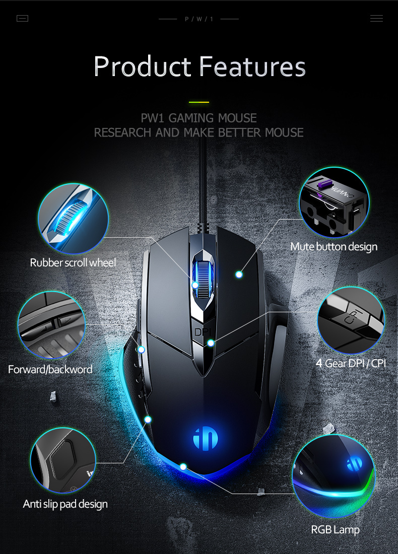 Inphic W1 Gaming Wired Mouse 2400dpi Breathing Light Macro Programming ...