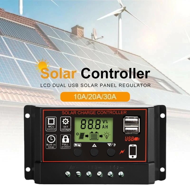 Solar Charge Controller 10A/20A/30A PWM 24V/12V LCD Display Solar ...