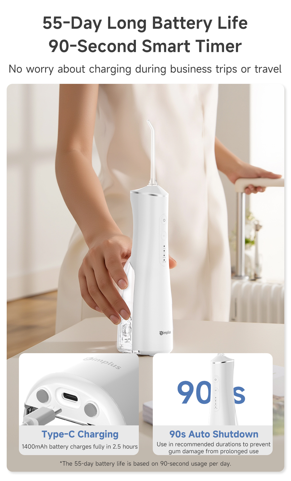 Simplus Water Flosser 4 Modes 55 Days of Battery Life 300mL ...